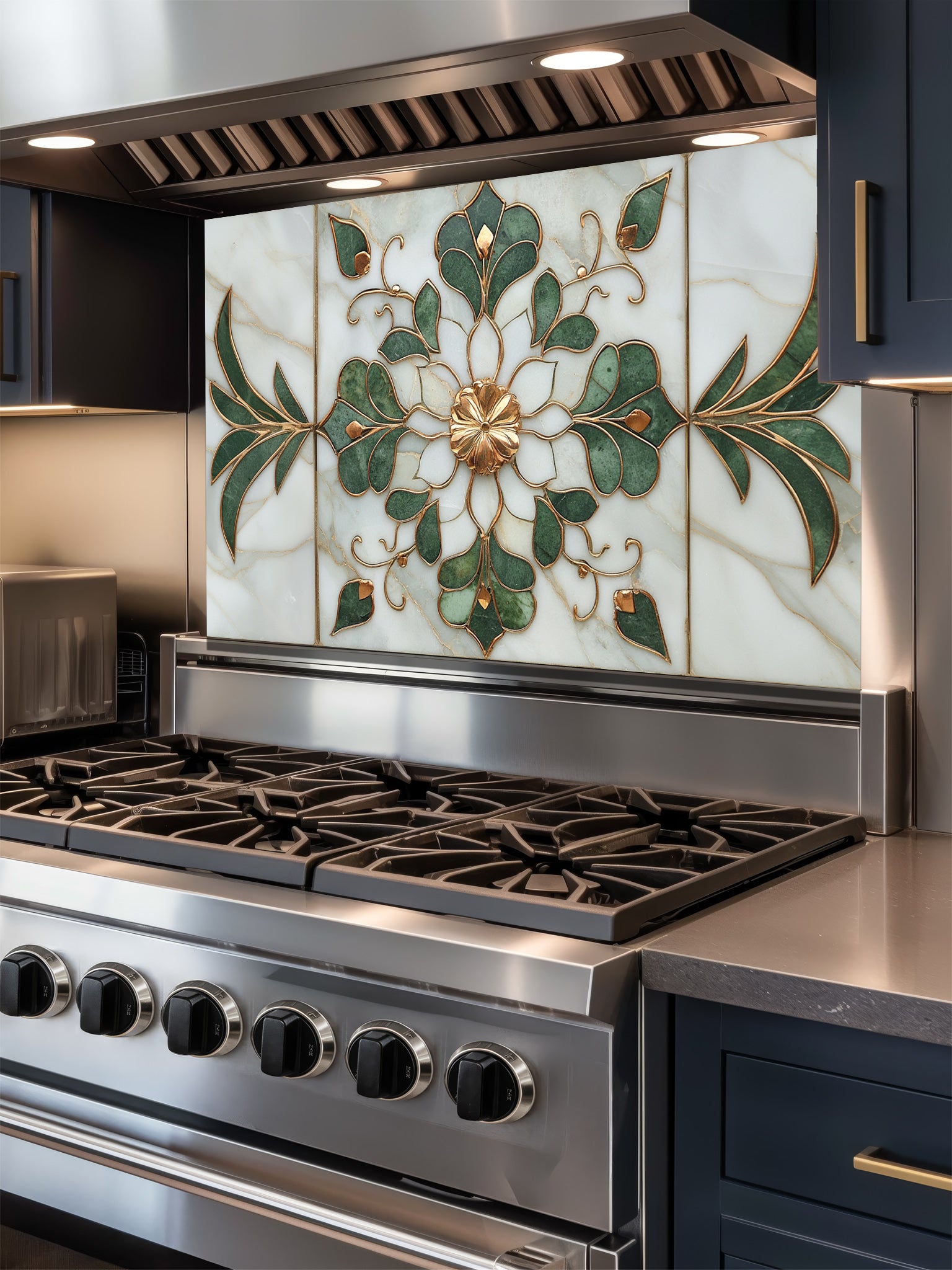 Stainless steel stove with decorative glass backsplash in a kitchen setting