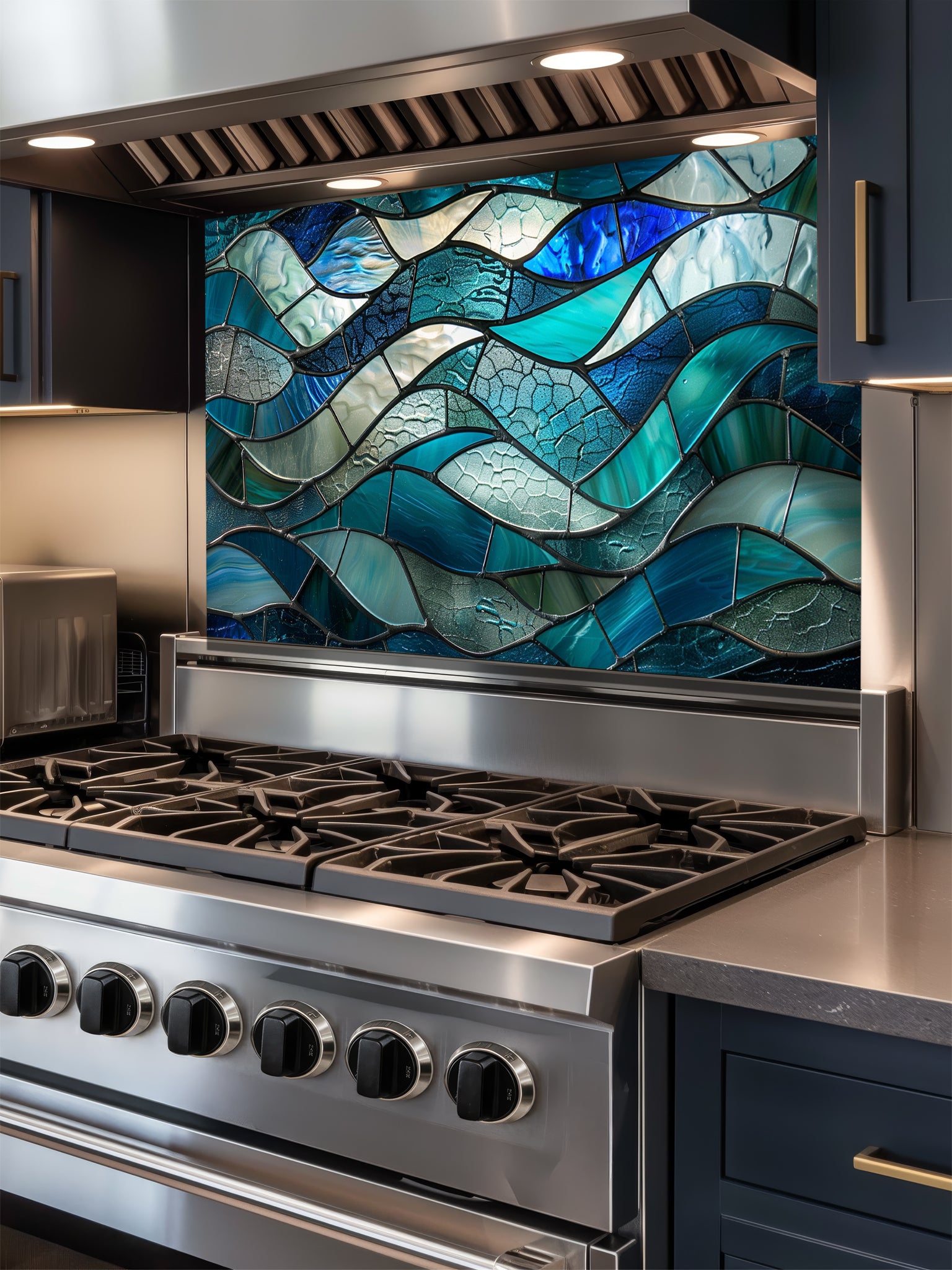 Tempered glass kitchen backsplash featuring a highly realistic 3D illusion of stained glass or sea glass art showing flowing, overlapping ocean waves in vibrant translucent shades of sapphire blue, teal, and aquamarine, installed behind a modern black stove.
