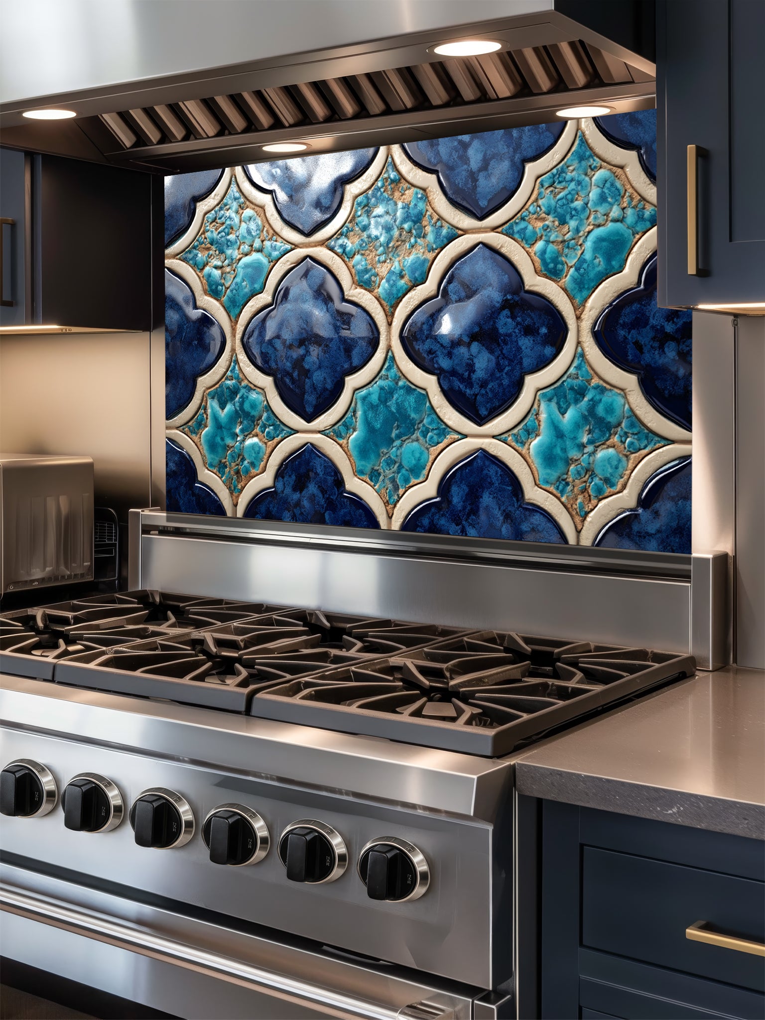 Stainless steel stove with decorative blue tile backsplash in a kitchen setting