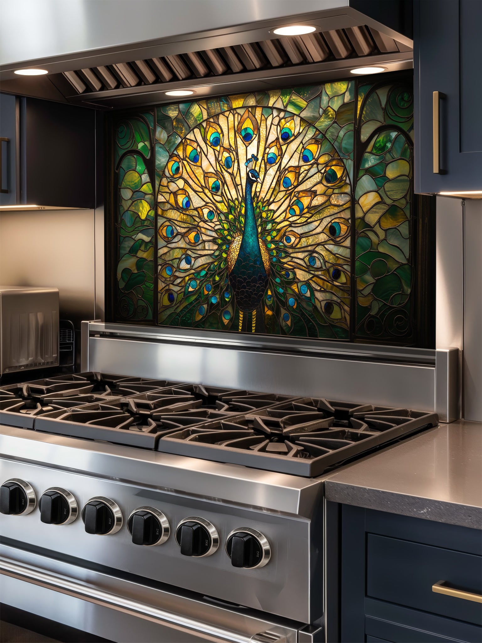 Tempered glass kitchen backsplash featuring a highly realistic 3D illusion of stained glass art showing a majestic peacock with fully spread tail feathers in vibrant emerald greens, blues, and gold, installed behind a modern stainless steel stove.