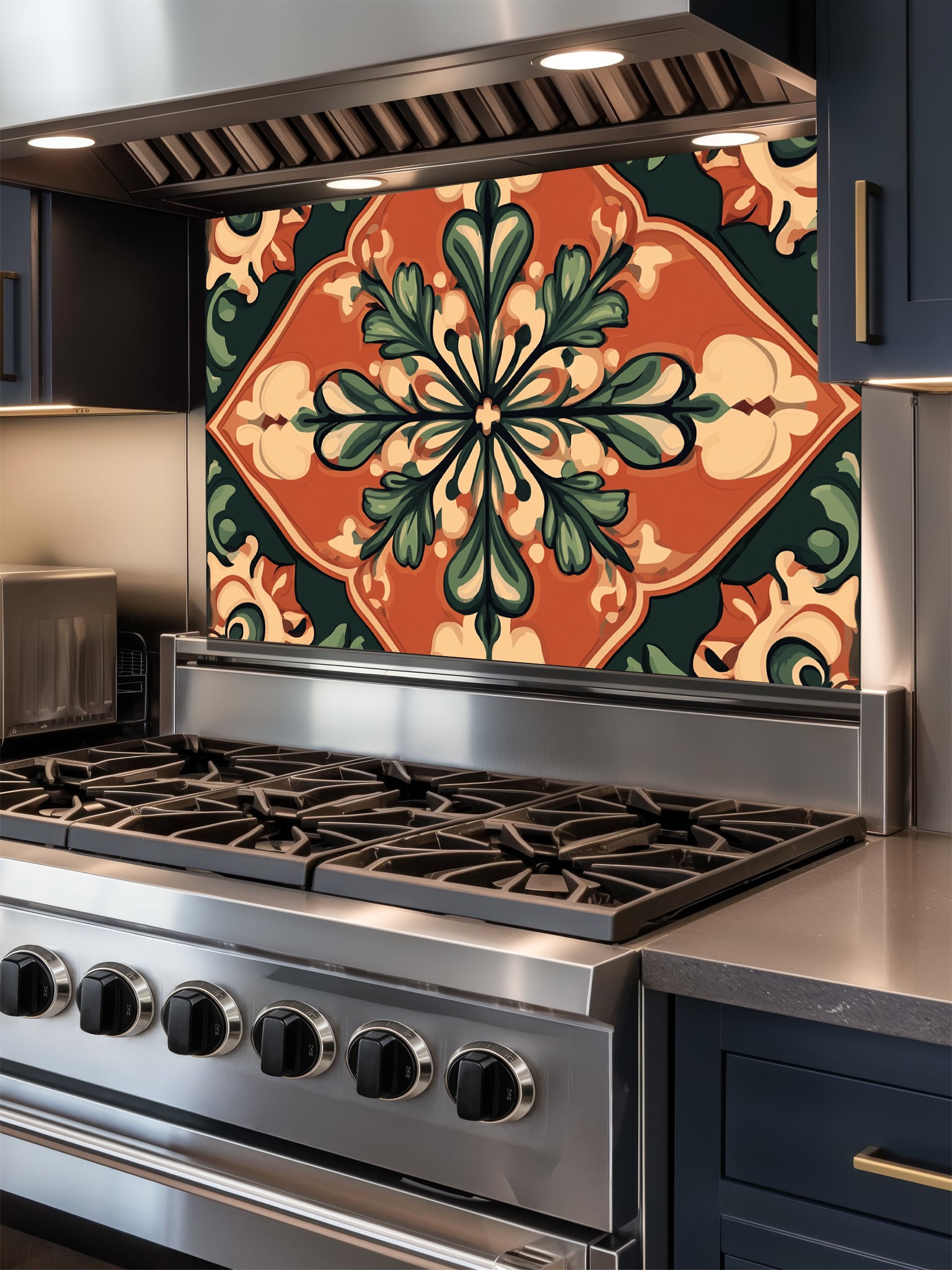 Large vintage style Spanish floral medallion tile mural in terracotta, olive green, and cream, UV printed on a smooth tempered glass kitchen backsplash.