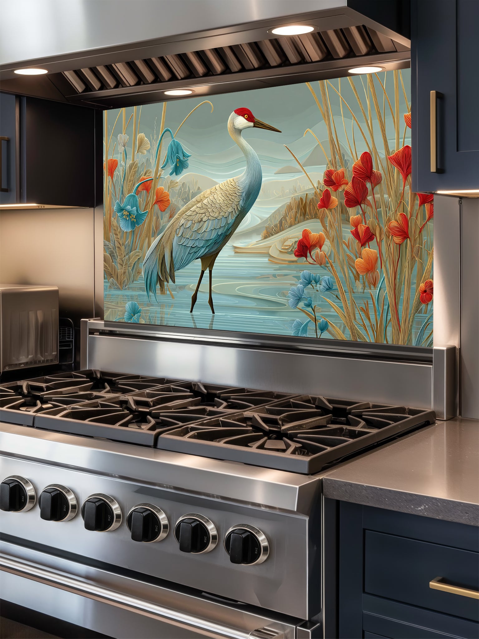 Tempered glass kitchen backsplash featuring a highly realistic illustrative design of a majestic crane standing in water among stylized red poppies and bluebell flowers against a sage green sky, installed behind a modern black stove.
