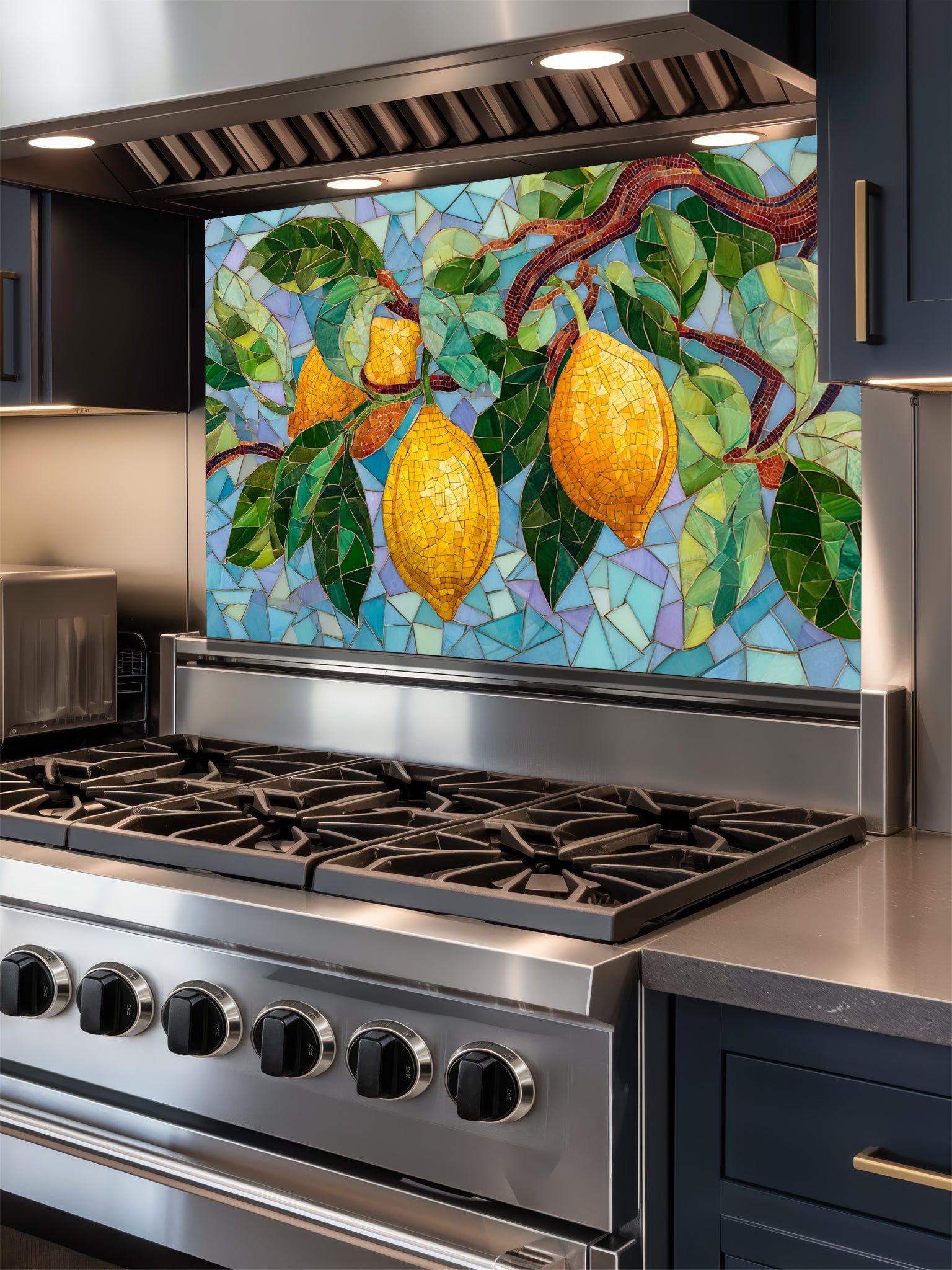 Tempered glass kitchen backsplash featuring a highly realistic 3D illusion of mosaic tile art showing bright yellow lemons and lush green leaves on a branch against a multi-toned light blue and teal mosaic background, installed behind a modern black stove.