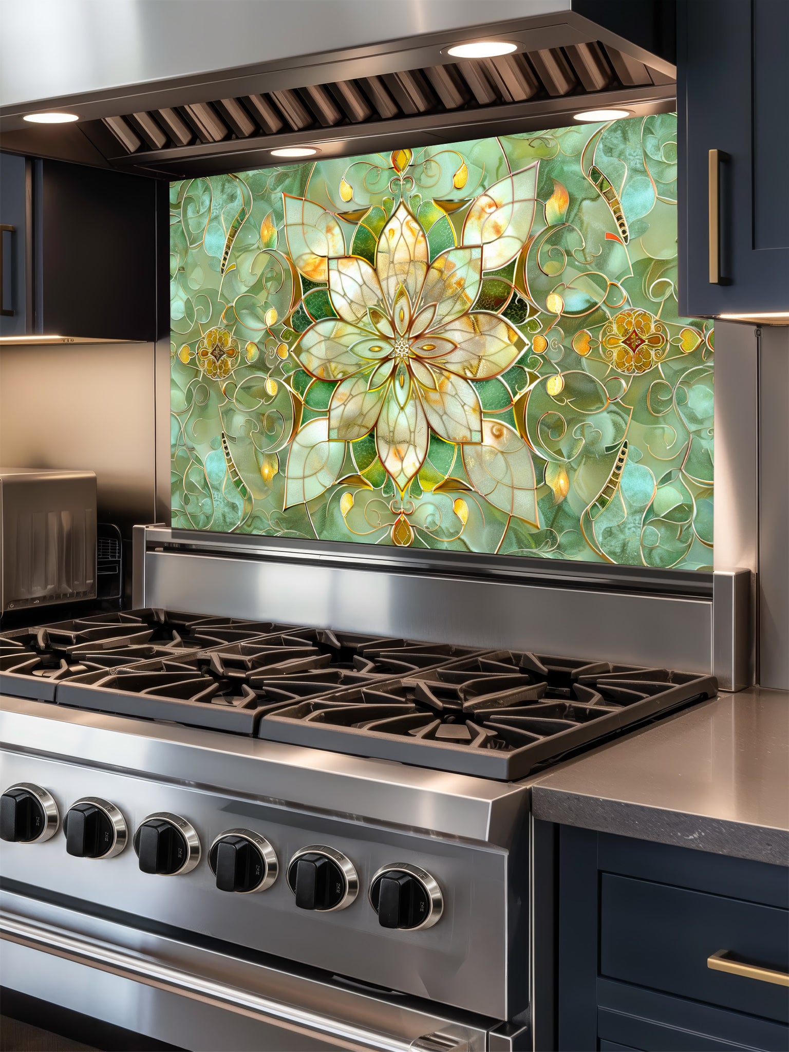 Stained glass style green and gold floral mandala UV printed on a smooth tempered glass kitchen backsplash, installed behind a modern stove.