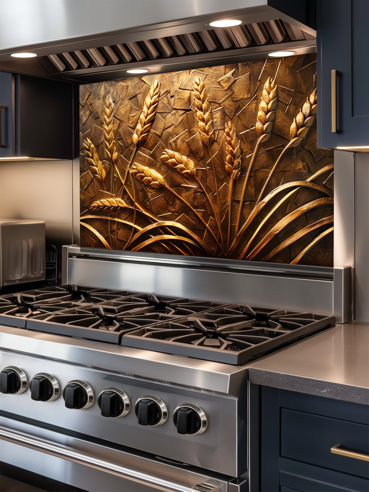 Faux 3D effect carved bronze and gold wheat stalks on a textured metallic background, UV printed on a smooth tempered glass kitchen backsplash, installed behind a modern stove.