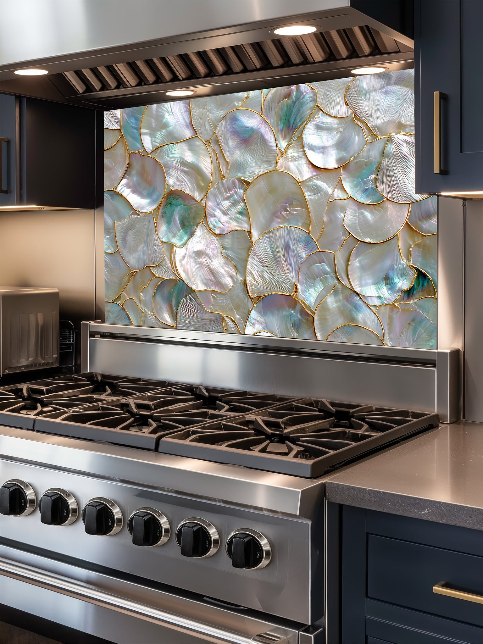 Tempered glass kitchen backsplash featuring a highly realistic 3D faux mosaic design of overlapping mother of pearl and abalone shells with iridescent pastel colors and gold outlines, installed behind a modern stainless steel stove.