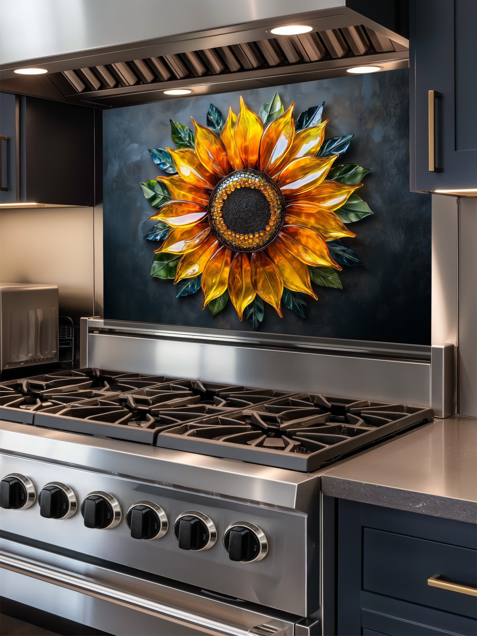 Tempered glass kitchen backsplash featuring a highly realistic 3D illusion of a glowing, translucent blown glass golden sunflower with green leaves against a dramatic dark charcoal background, installed behind a modern stainless steel stove.