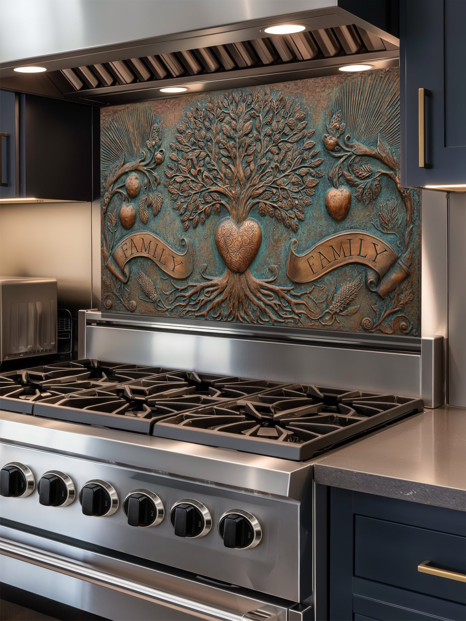 Faux 3D sculpted bronze and copper relief of a family tree of life with a heart and banners reading 'FAMILY' against an oxidized patina background, UV printed on a smooth tempered glass kitchen backsplash.