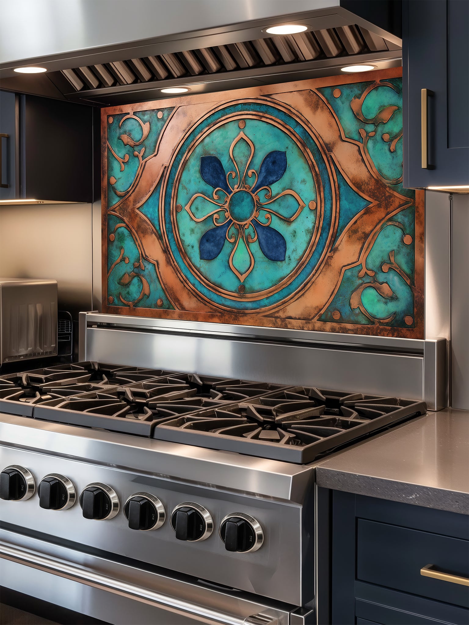 Tempered glass kitchen backsplash featuring a highly realistic 3D faux metal design of an ornate Moroccan floral mandala in oxidized copper with rich teal patina accents, installed behind a modern stainless steel stove.