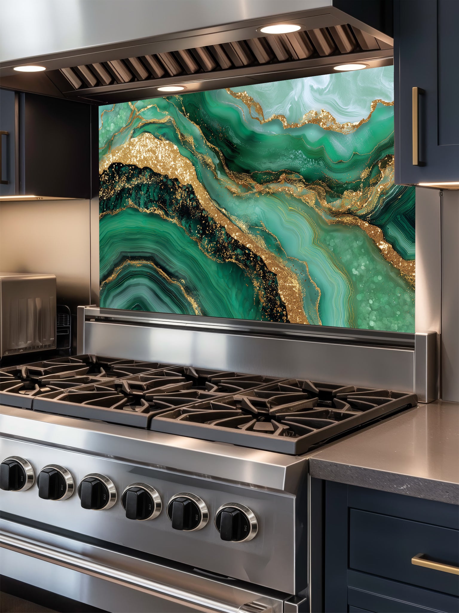 Tempered glass kitchen backsplash featuring a highly realistic illusion of emerald green and gold agate fluid art with faux glitter veins, installed behind a modern stainless steel stove.