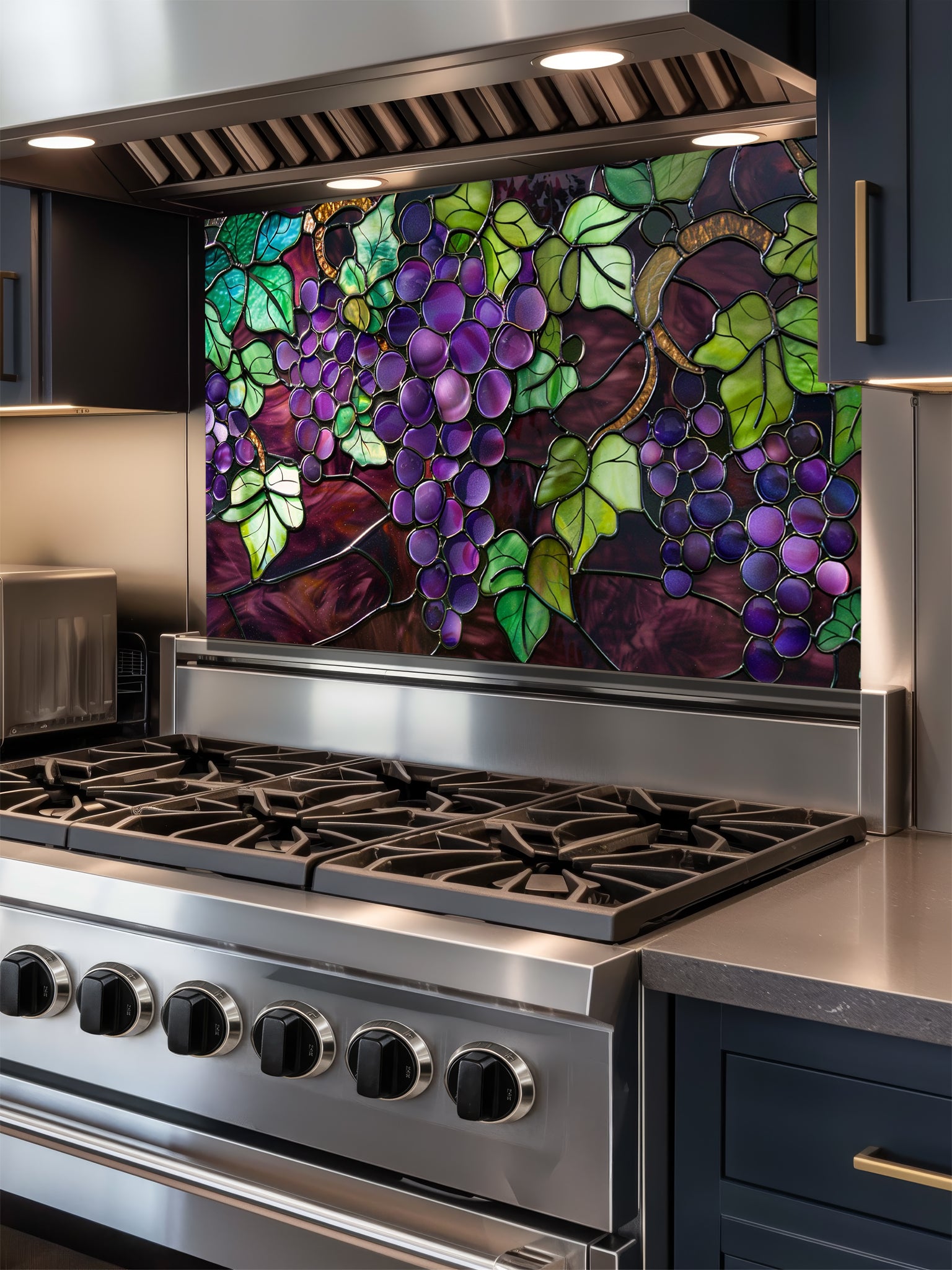 Stained glass style purple grapes and green vine leaves, UV printed on a smooth tempered glass kitchen backsplash, installed behind a modern stove.