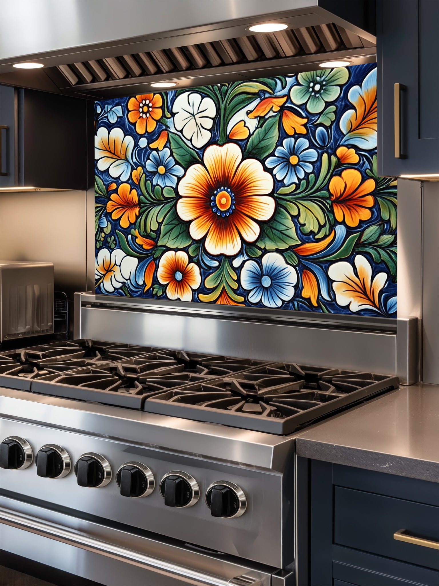 Vibrant Mexican Talavera style floral pattern in blue, orange, and green, UV printed on a smooth tempered glass kitchen backsplash, installed behind a modern stove.