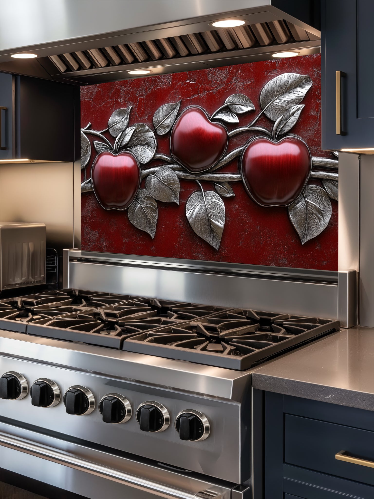 Faux 3D effect glossy red apples and metallic silver leaves on a textured crimson background, UV printed on a smooth tempered glass kitchen backsplash.