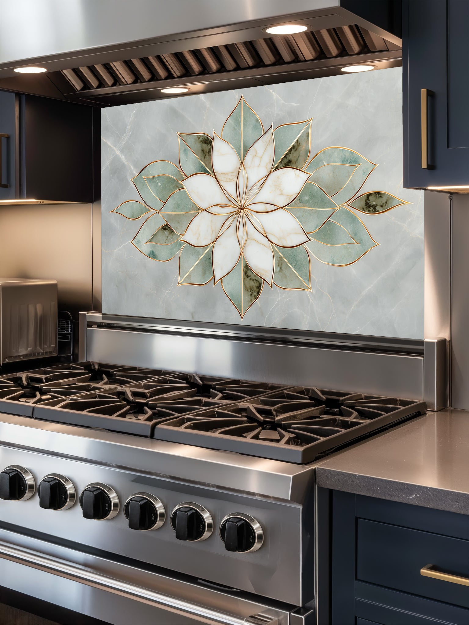 Faux light green jade marble kitchen backsplash featuring a sharp, geometric white and sage green stone lotus with gold inlay, UV printed on smooth tempered glass.
