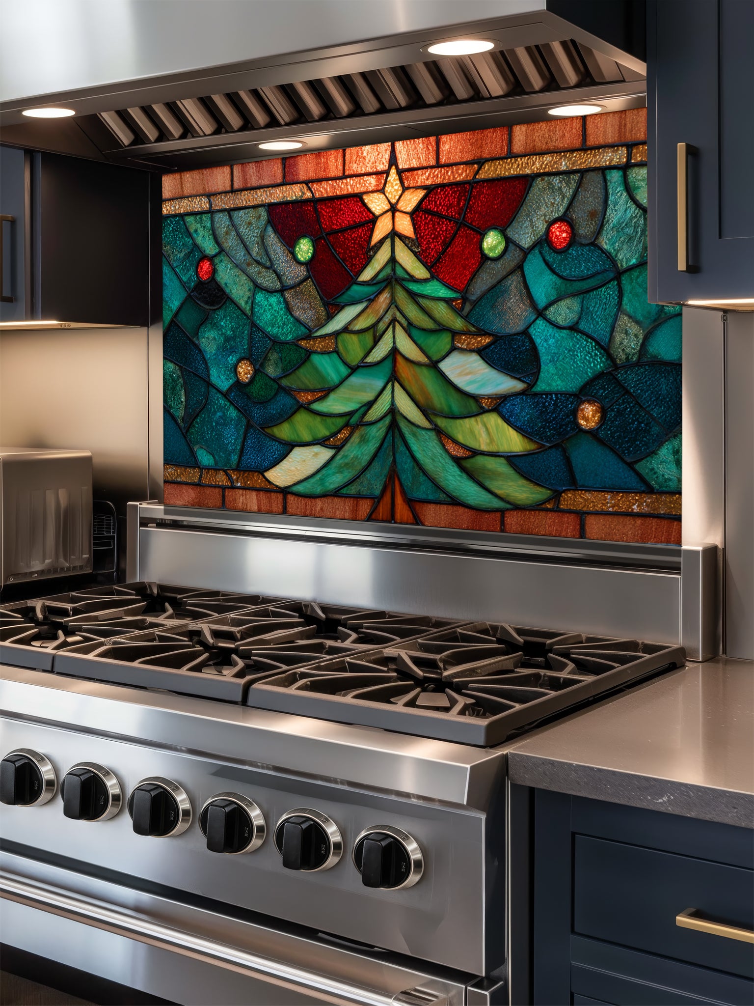 Tempered glass kitchen backsplash featuring a highly realistic 3D illusion of stained glass art showing a festive evergreen Christmas tree decorated with red ornaments and a glowing gold star against a warm amber and blue background, installed behind a modern black stove.