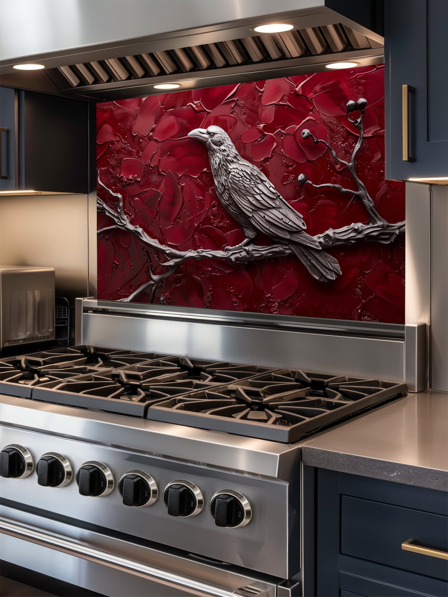 Tempered glass kitchen backsplash featuring a highly realistic 3D illusion of a sculpted metallic raven perched on a branch with berries against a heavily textured, thick impasto crimson red background, installed behind a modern black stove.