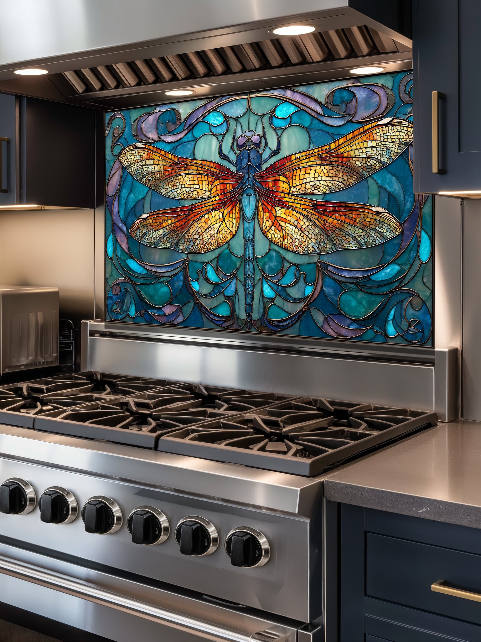 Tempered glass kitchen backsplash featuring a highly realistic 3D illusion of Art Nouveau stained glass showing a magnificent, symmetrical dragonfly with vibrant amber and gold wings set against a swirling teal, blue, and purple patterned background, installed behind a modern black stove.