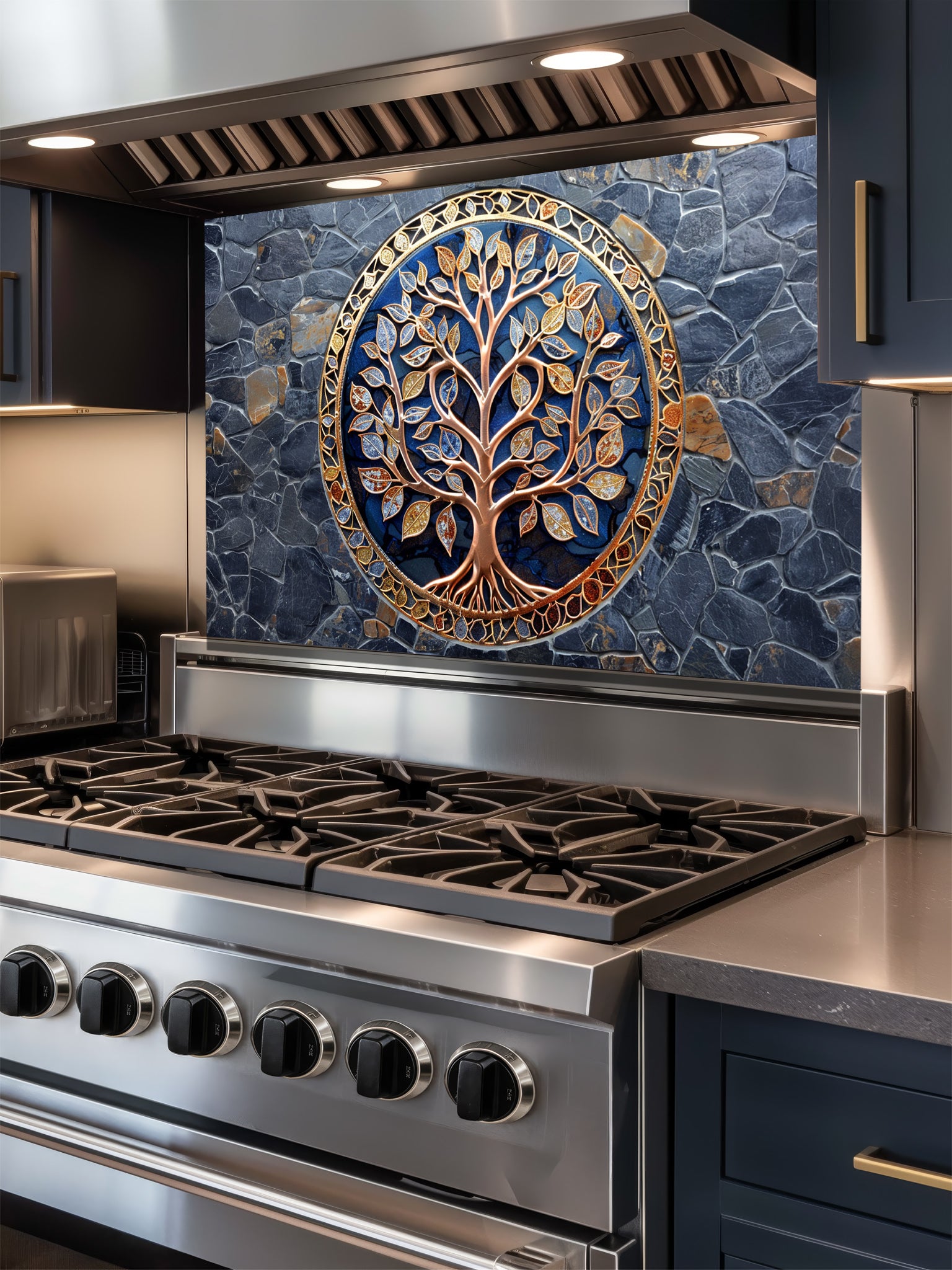 Stainless steel stove with decorative glass backsplash featuring a tree design on a blue stone background.