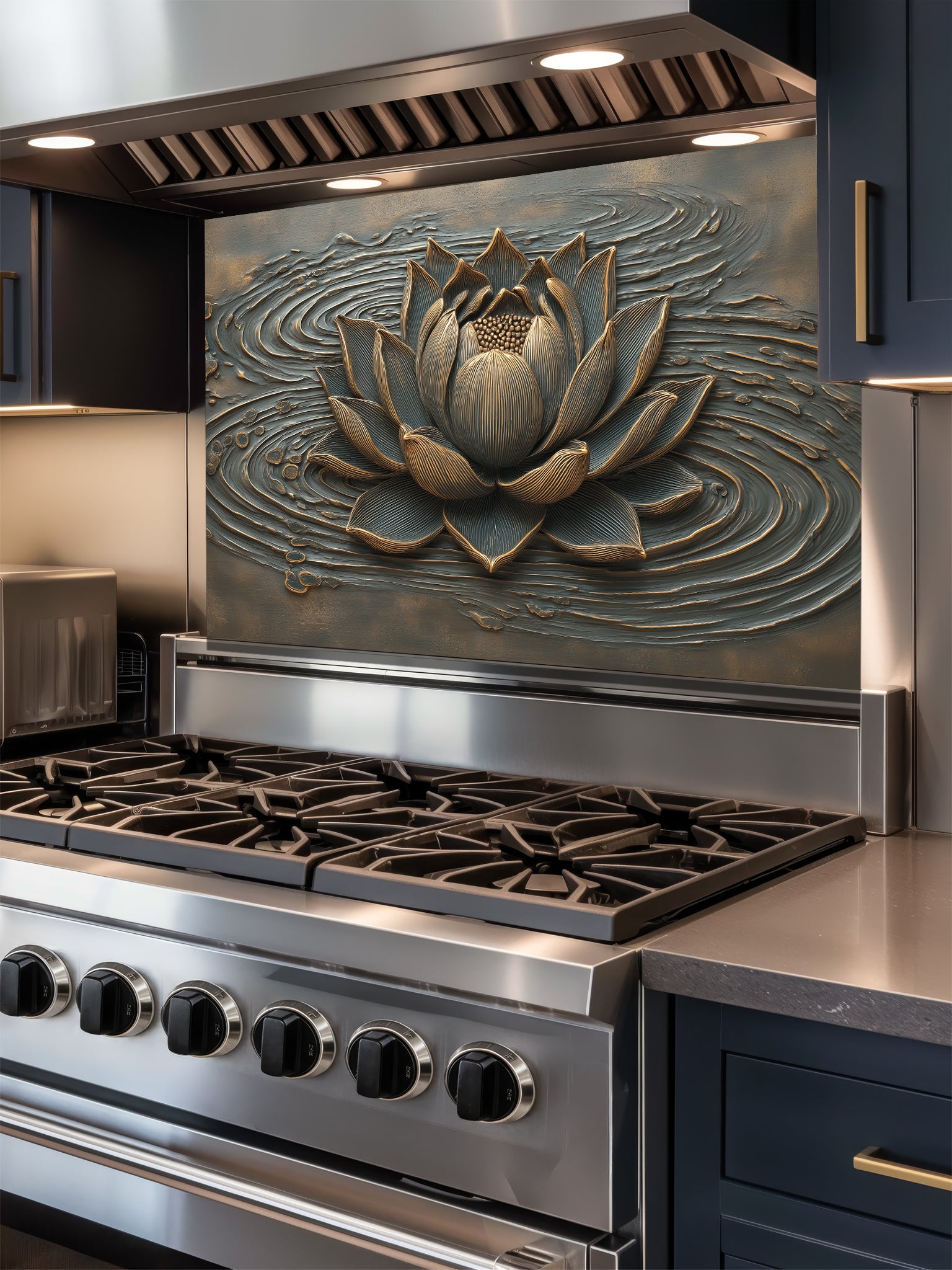 Faux 3D sculpted relief of a lotus flower with bronze highlights and rippling water waves on a dark background, UV printed on a smooth tempered glass kitchen backsplash.