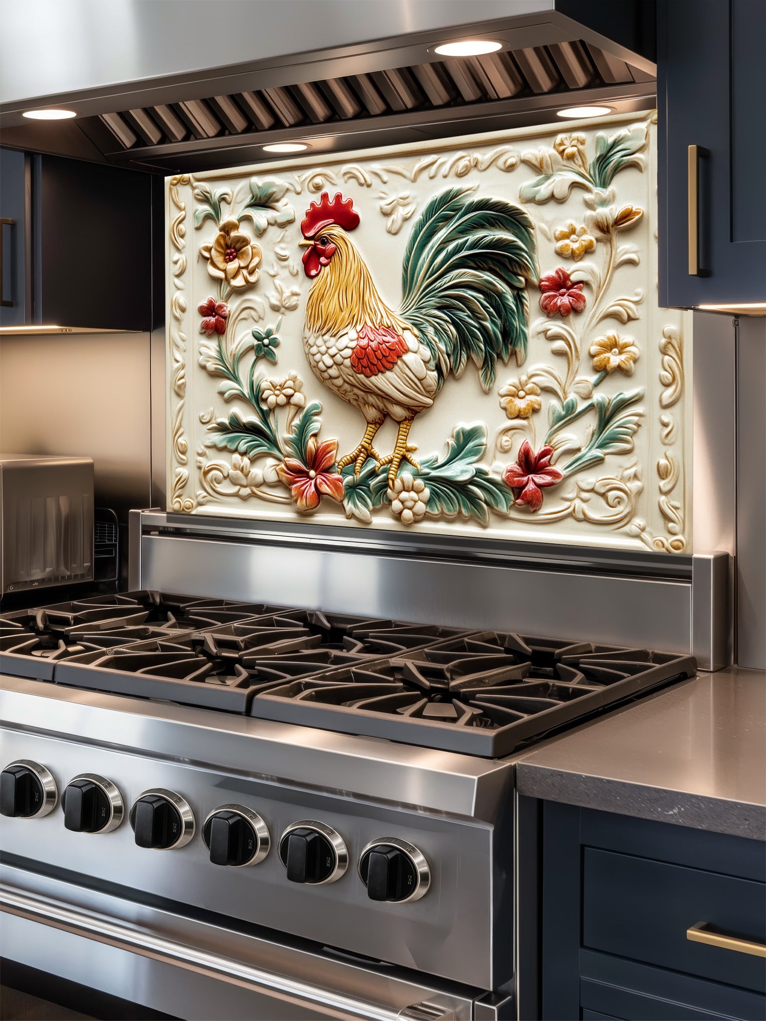 Tempered glass kitchen backsplash featuring a highly realistic 3D illusion of a vintage embossed ceramic tile showing a proud rooster and rustic floral vines in red, green, and gold against a cream background, installed behind a modern stainless steel stove.