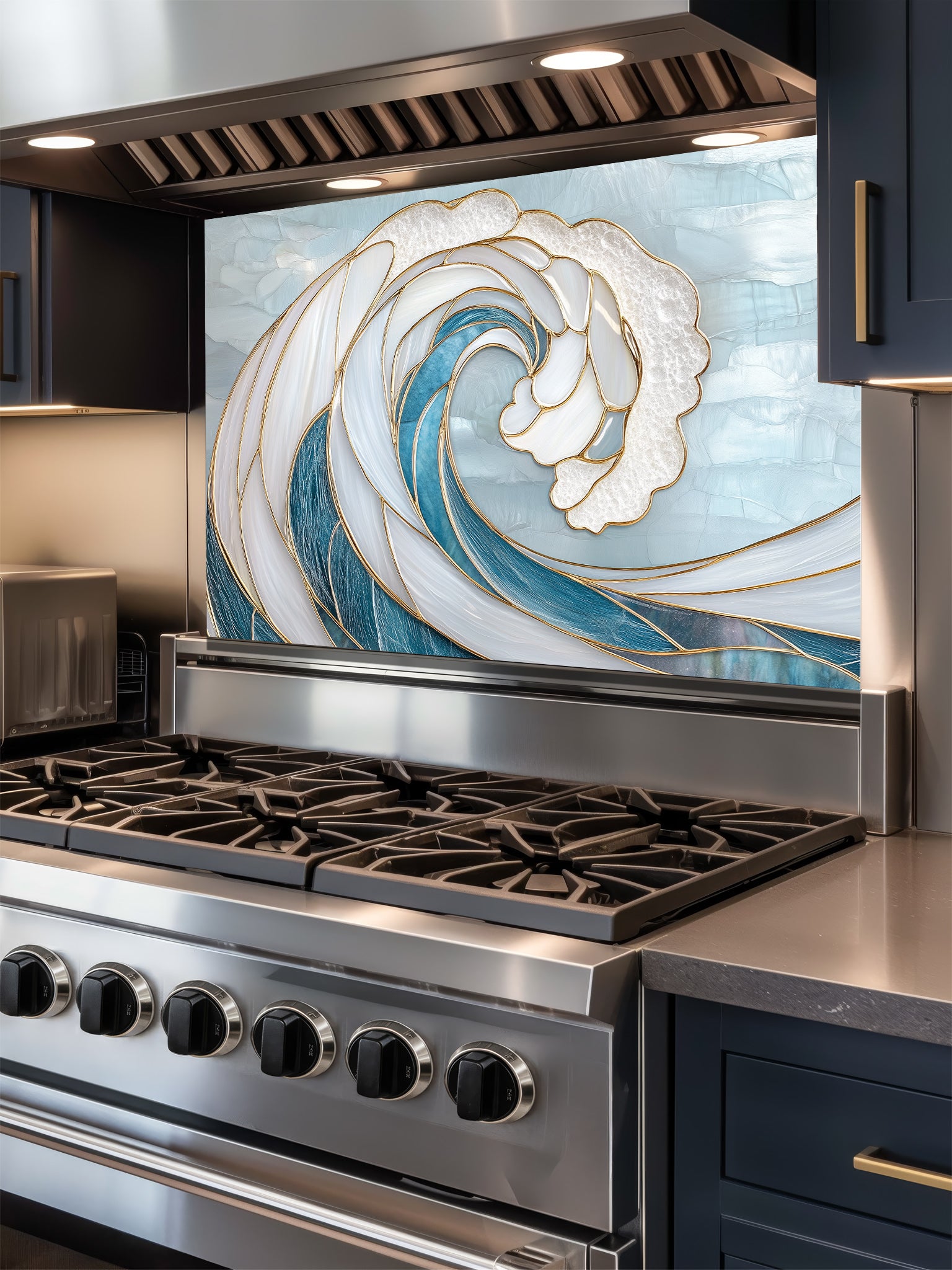 Stainless steel stove with decorative wave design backsplash in a kitchen setting