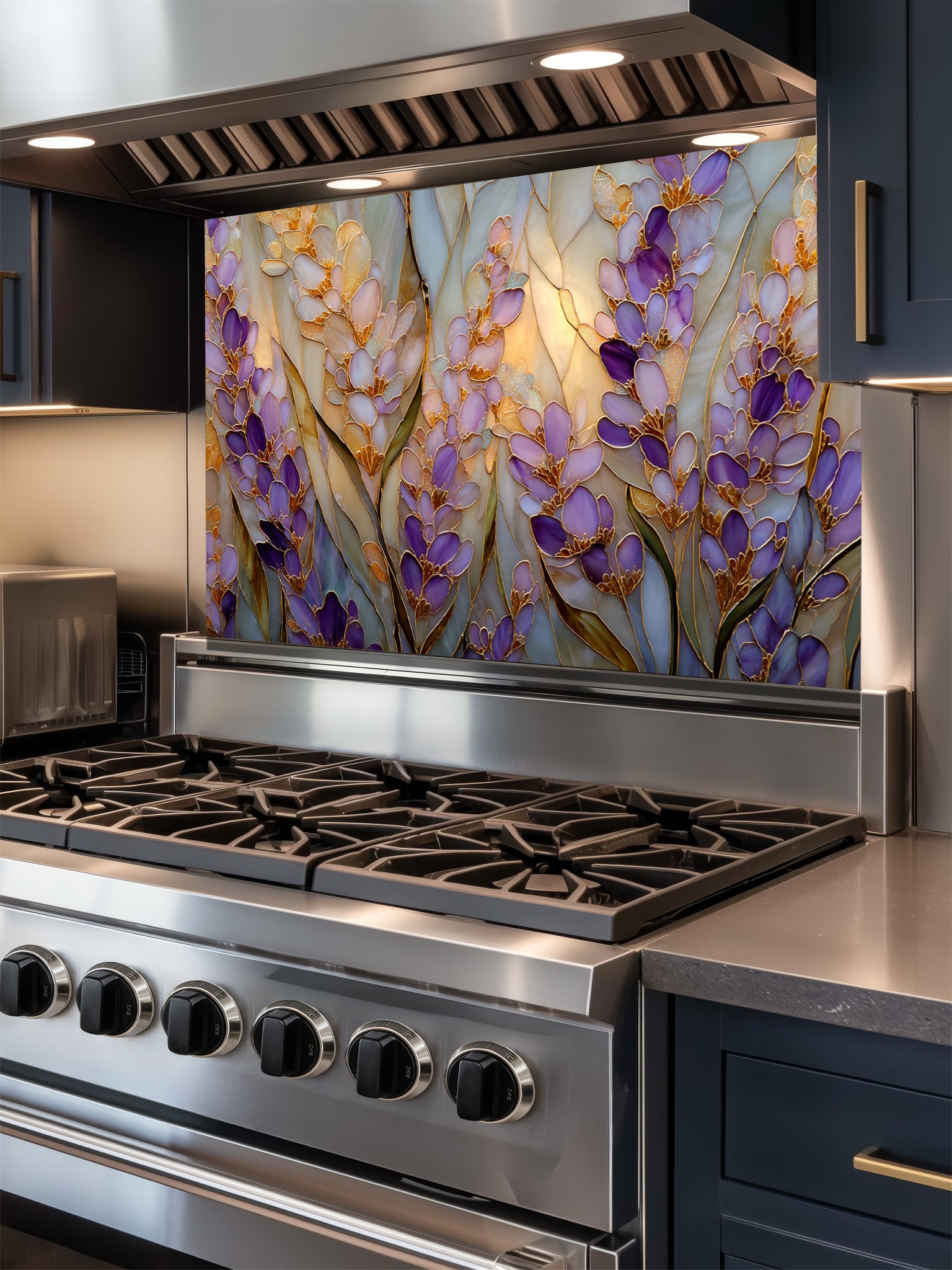 Tempered glass kitchen backsplash featuring a highly realistic 3D illusion of Art Nouveau stained glass art showing elegant, sweeping clusters of purple lavender and lilac blossoms with green leaves outlined in gold against a warm amber background, installed behind a modern black stove.