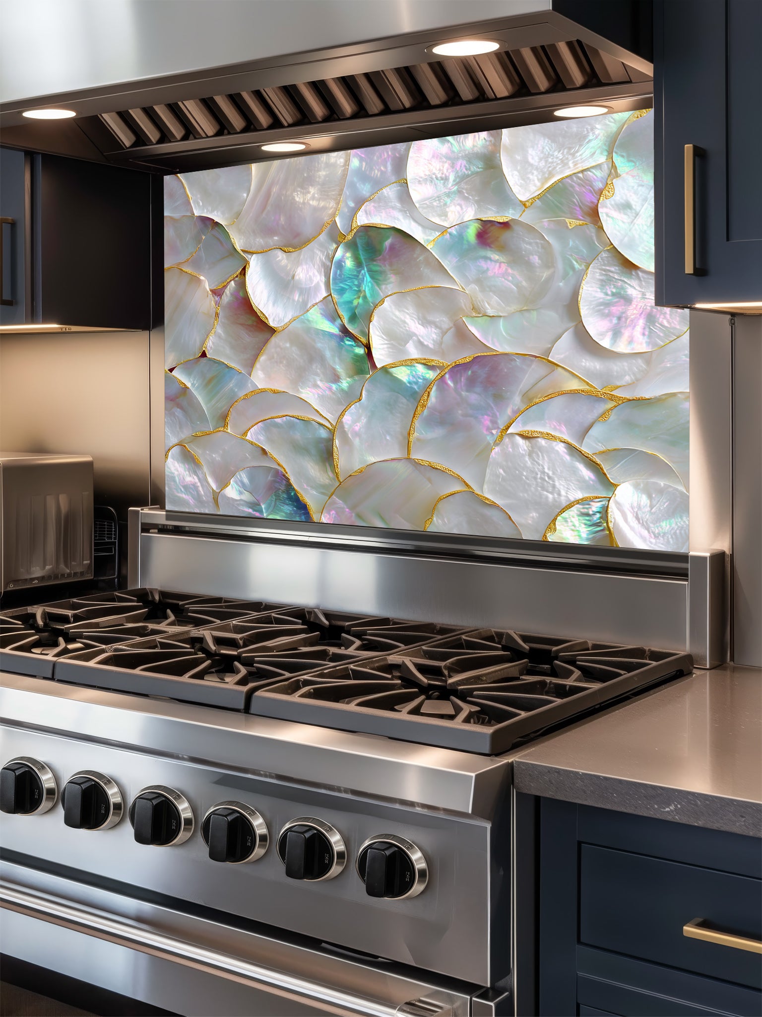 Tempered glass kitchen backsplash featuring a highly realistic 3D illusion of a luxury mother of pearl shell mosaic with iridescent pearlescent hues and faux gold edges, installed behind a modern stainless steel stove.