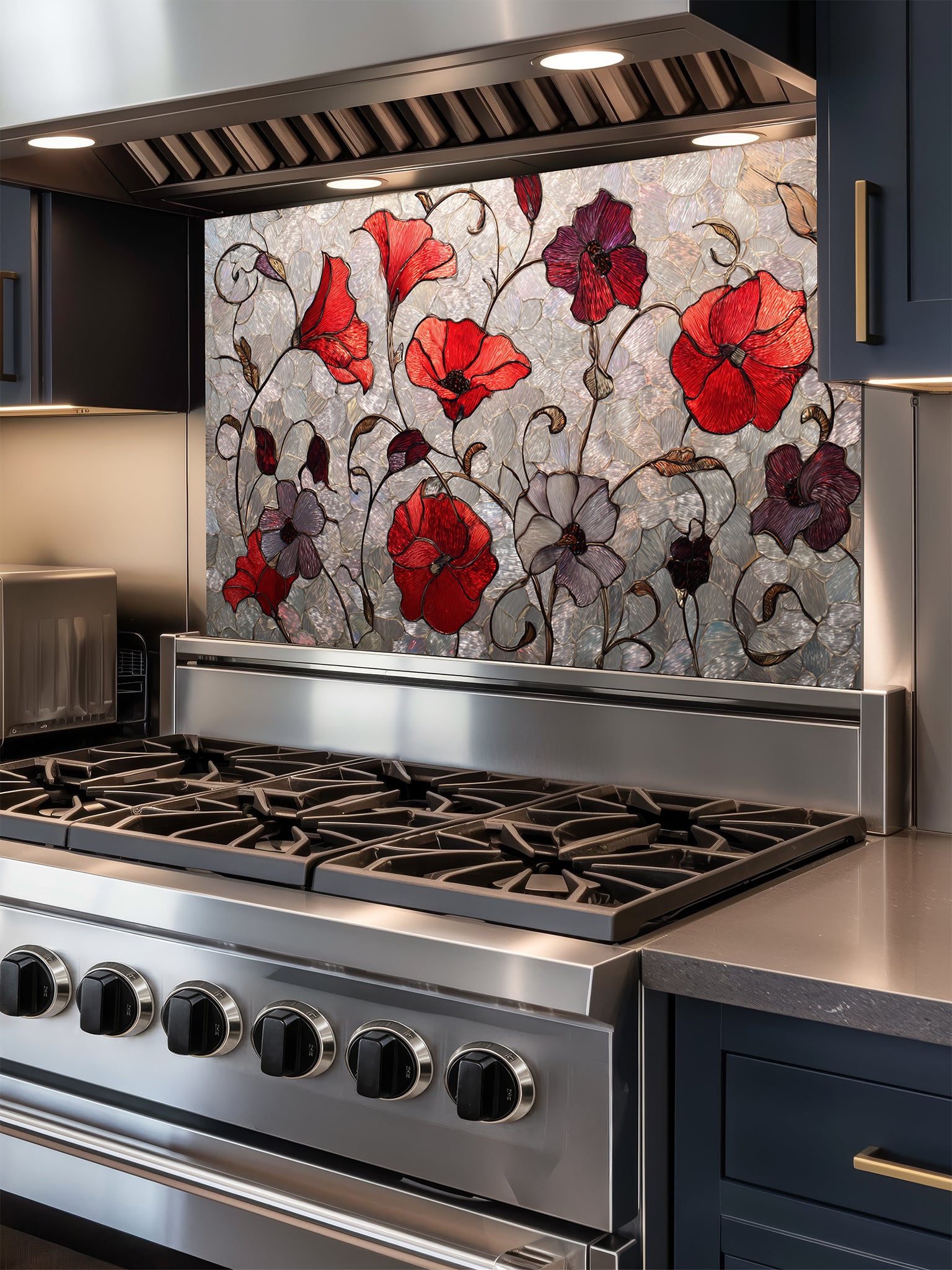 Tempered glass kitchen backsplash featuring a faux stained glass design of vibrant red and purple poppy flowers with elegant curving stems against a textured silver mosaic background, installed behind a modern stainless steel stove.