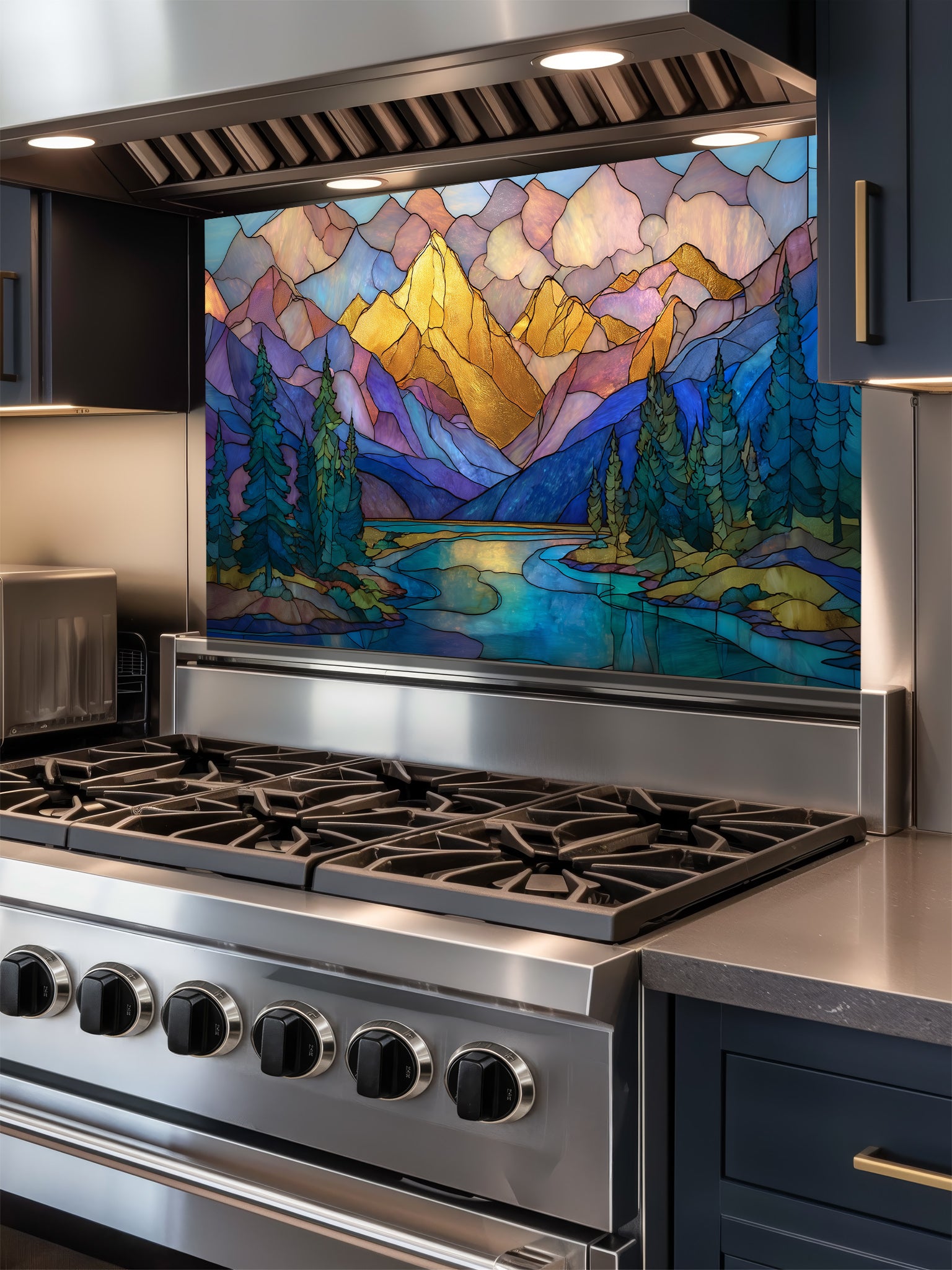 A cozy kitchen featuring a tempered glass backsplash with a beautiful stained glass effect landscape, showcasing majestic mountains, pine trees, and a winding river at sunset, installed behind a modern stainless steel stove.