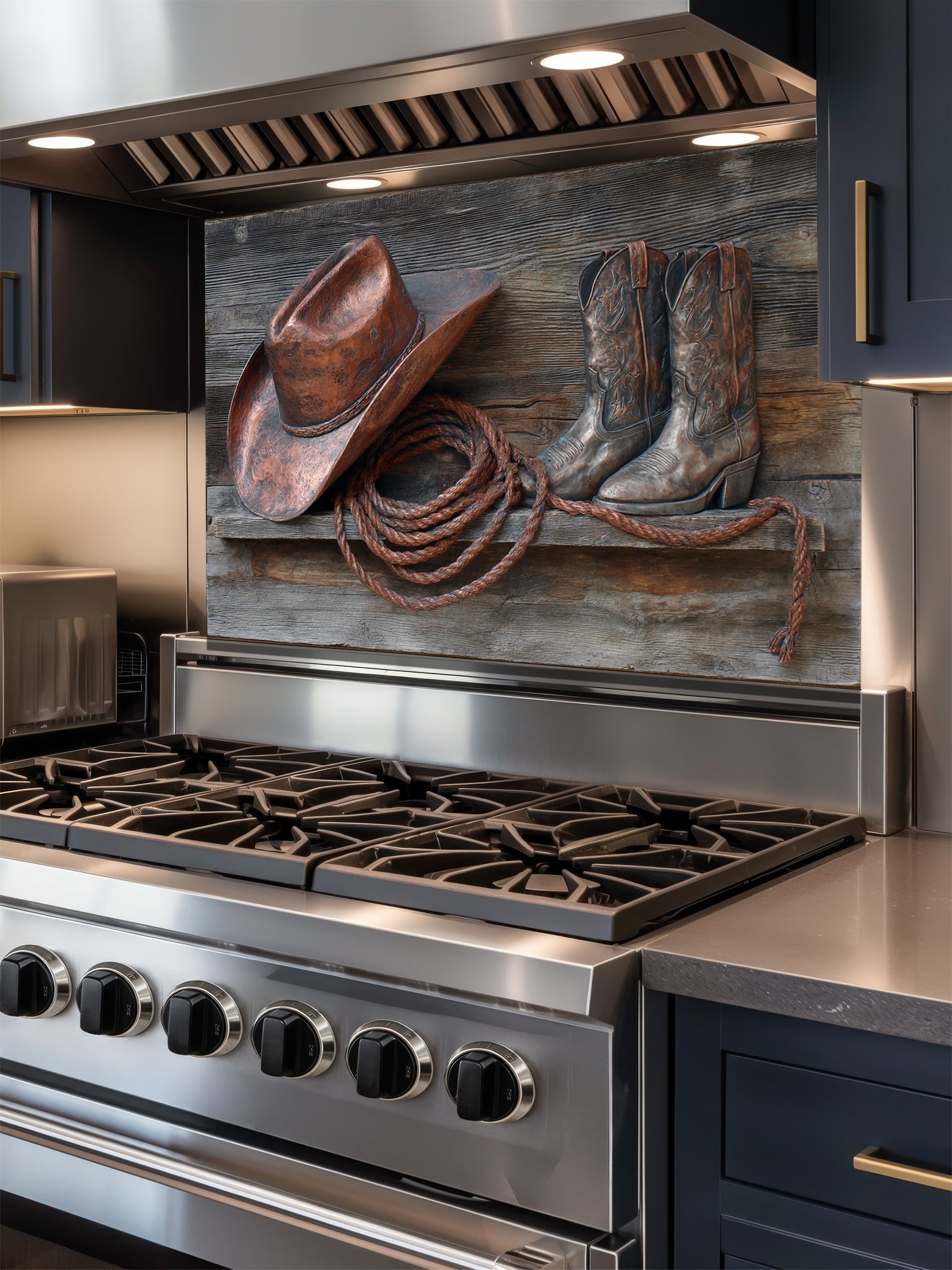 Tempered glass kitchen backsplash featuring a highly realistic 3D illusion of a rustic wooden shelf displaying a copper cowboy hat, worn leather boots, and a lasso rope against a weathered barn wood background, installed behind a modern black stove.