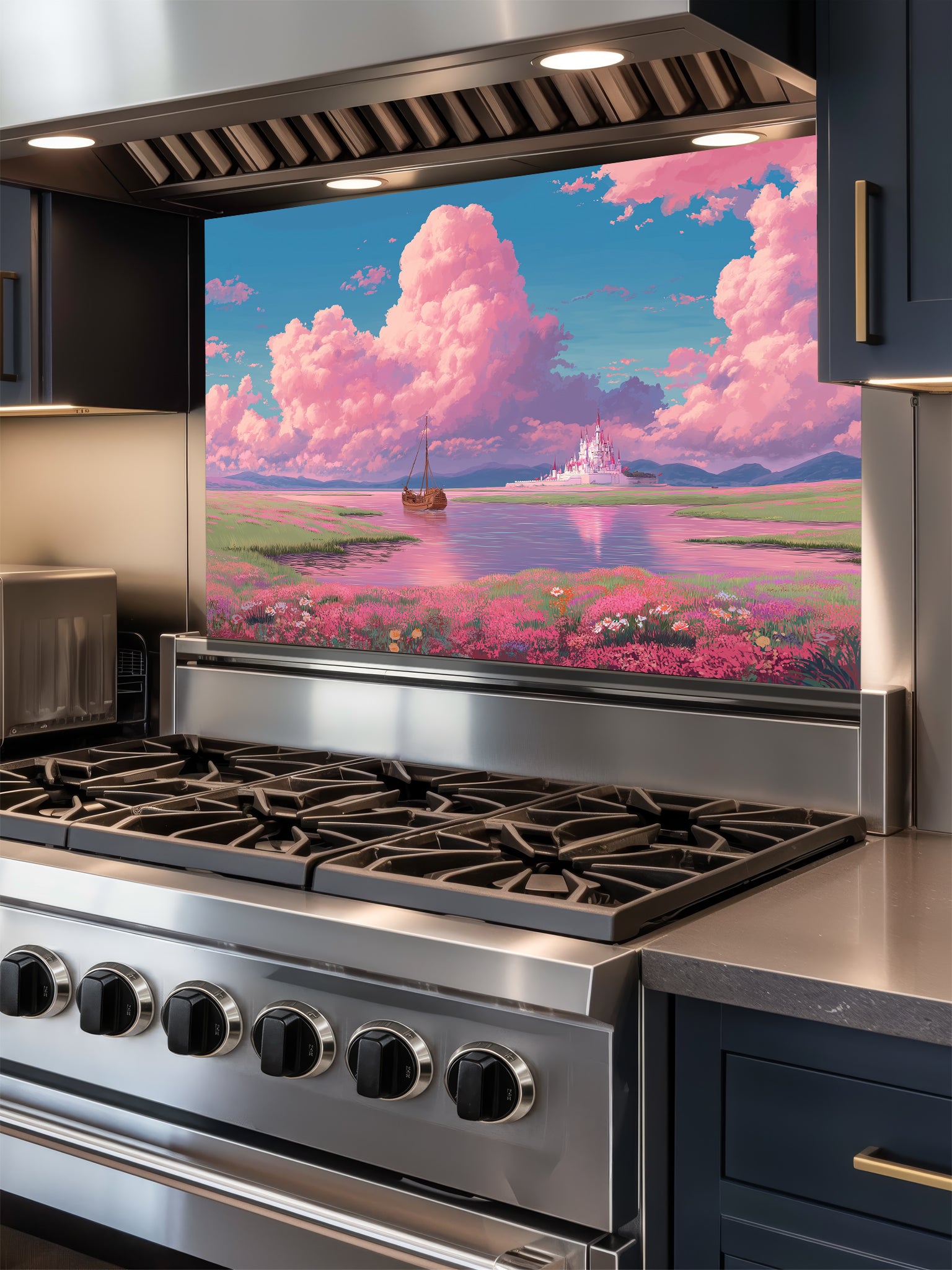 Anime style fantasy landscape with fluffy pastel pink clouds, a sailboat on a calm river, and a distant magical white castle, UV printed on a smooth tempered glass kitchen backsplash.