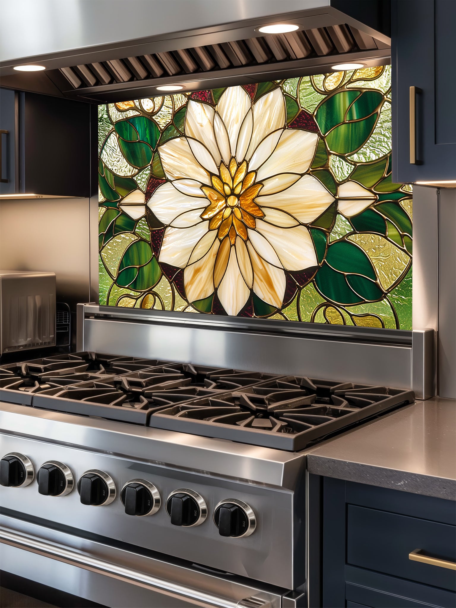 Stained glass style large white flower and rich green leaves UV printed on a smooth tempered glass kitchen backsplash, installed behind a modern stove.