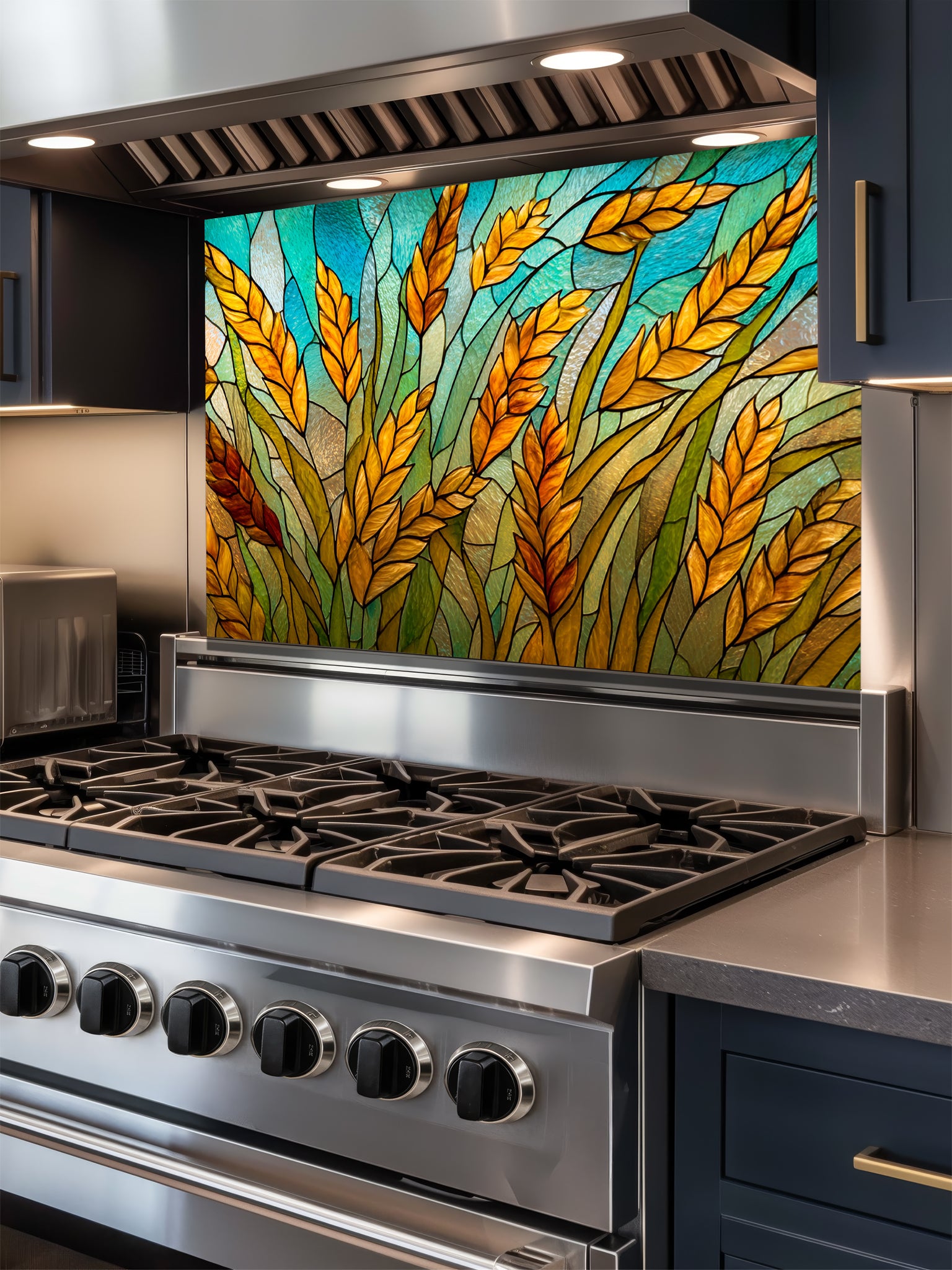 Tempered glass kitchen backsplash featuring a highly realistic 3D illusion of stained glass art showing golden amber wheat stalks swaying against a vibrant teal and turquoise sky with black faux lead lines, installed behind a modern black stove.