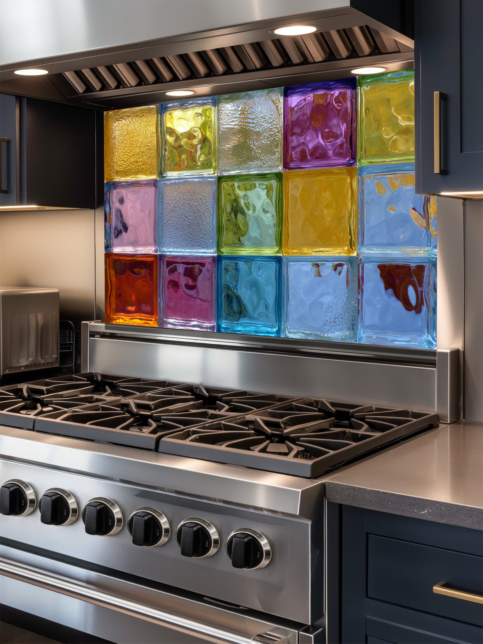 Tempered glass kitchen backsplash featuring a highly realistic 3D illusion of colorful architectural glass blocks in vibrant translucent hues of blue, green, yellow, and purple with wavy textures, installed behind a modern stainless steel stove.
