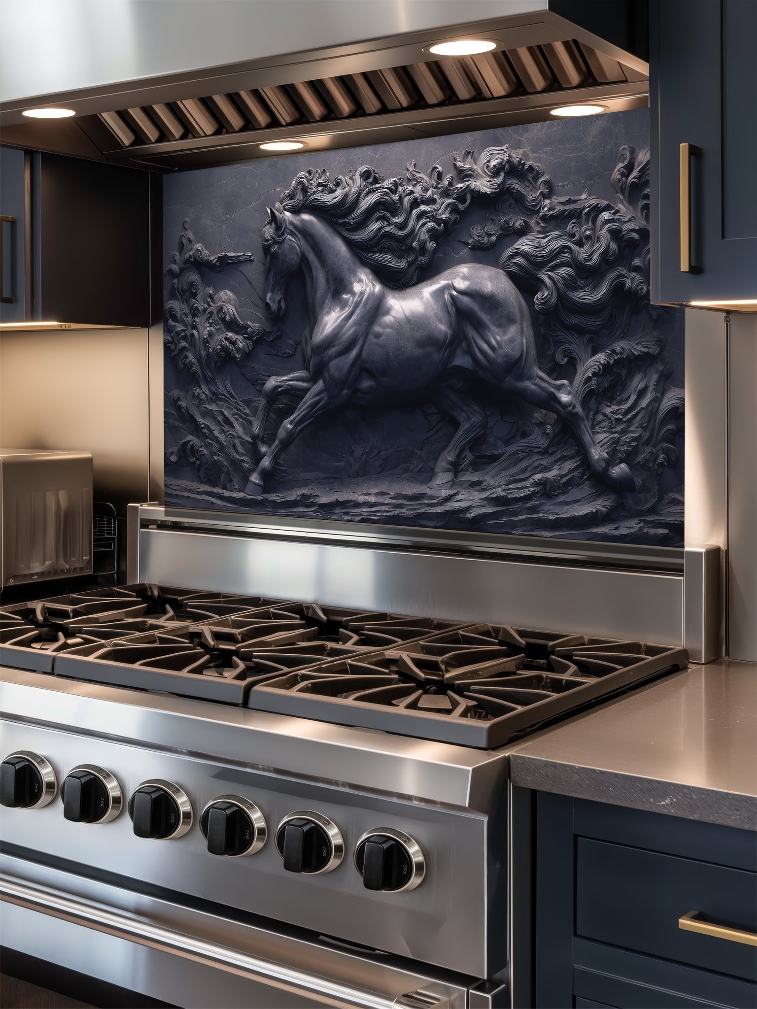 Faux 3D sculpted dark slate and black cast iron relief of a majestic galloping horse through swirling waves, UV printed on a smooth tempered glass kitchen backsplash.