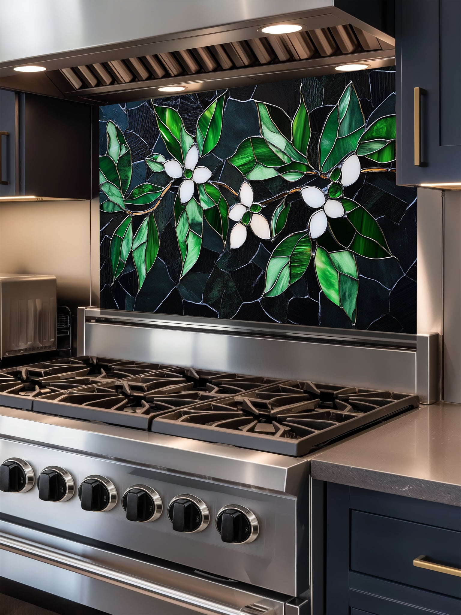 Tempered glass kitchen backsplash featuring a highly realistic 3D illusion of stained glass and cracked mosaic art showing delicate white blossoms and vibrant emerald green leaves gracefully sprawling across a dark, moody charcoal and black background, installed behind a modern black stove.