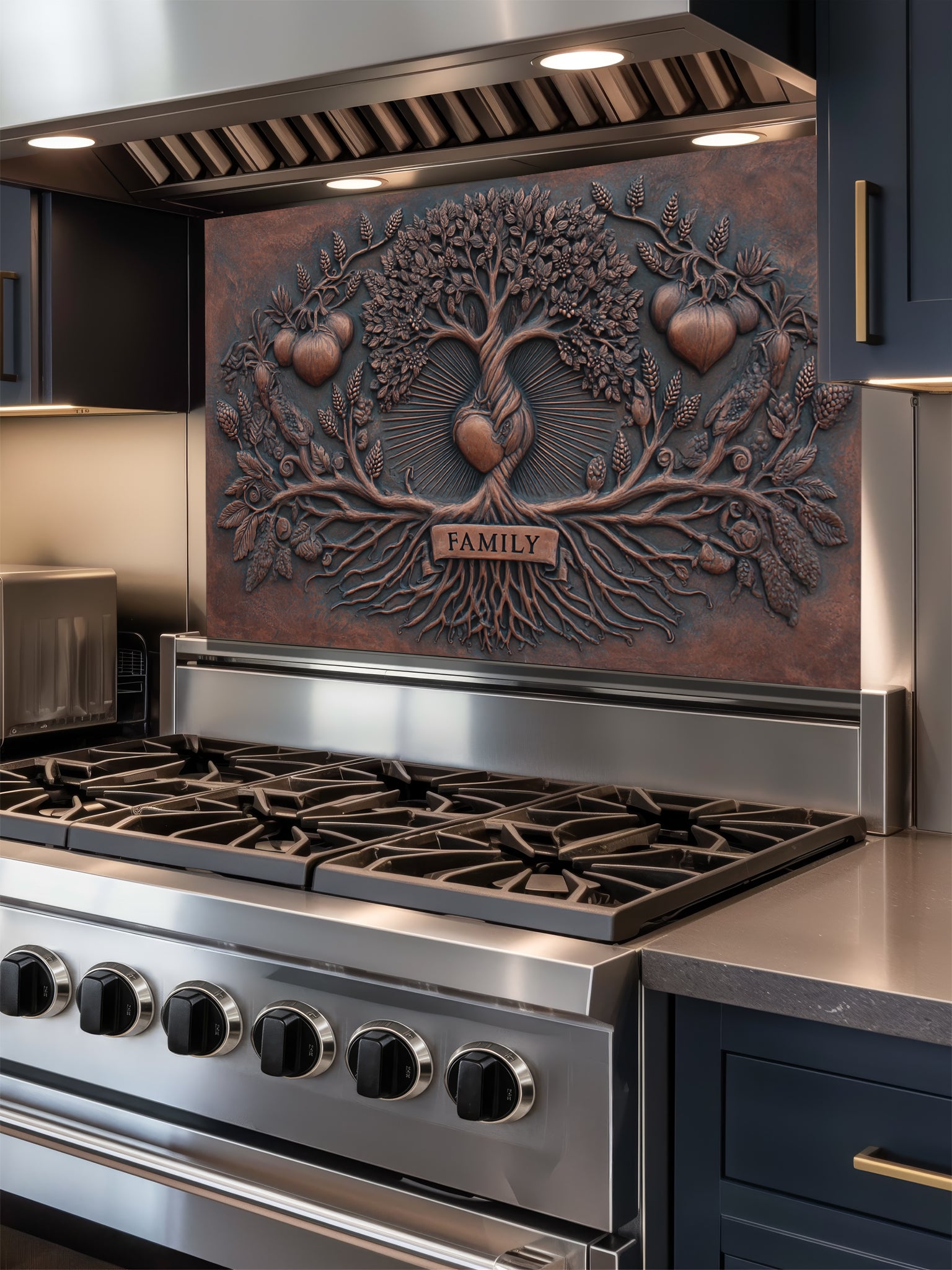 Faux 3D sculpted iron and copper relief of a family tree with a central radiating heart and a single 'FAMILY' banner over the roots, UV printed on a smooth tempered glass kitchen backsplash.