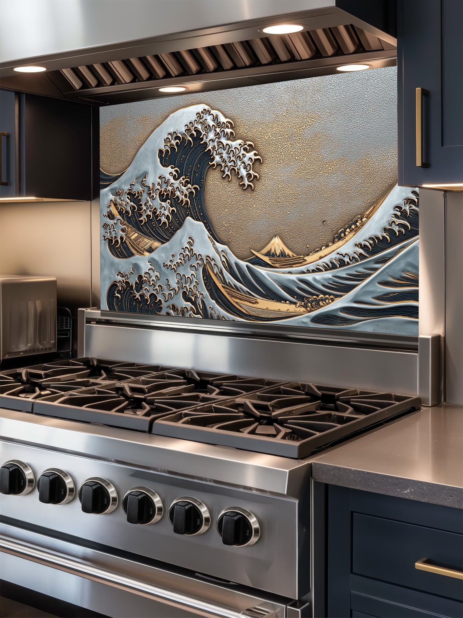 Faux 3D sculpted mixed metal relief of the Great Wave featuring silver crests, deep navy blue water, and a textured gold sky, UV printed on a smooth tempered glass kitchen backsplash.