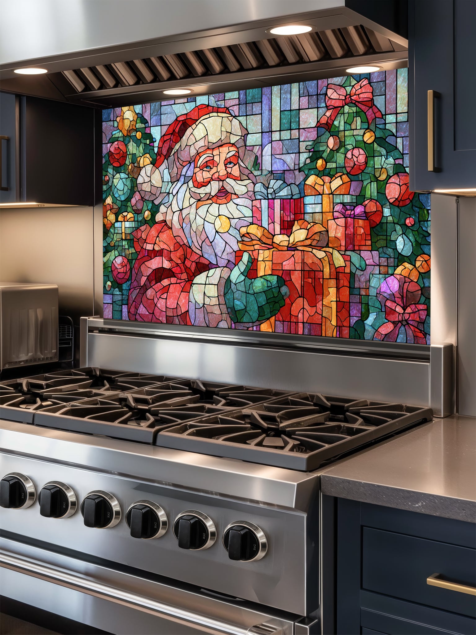 Tempered glass kitchen backsplash featuring a highly realistic 3D illusion of mosaic stained glass art showing a cheerful Santa Claus holding a wrapped gift, surrounded by green Christmas trees and colorful presents against a tiled blue and purple background, installed behind a modern black stove.