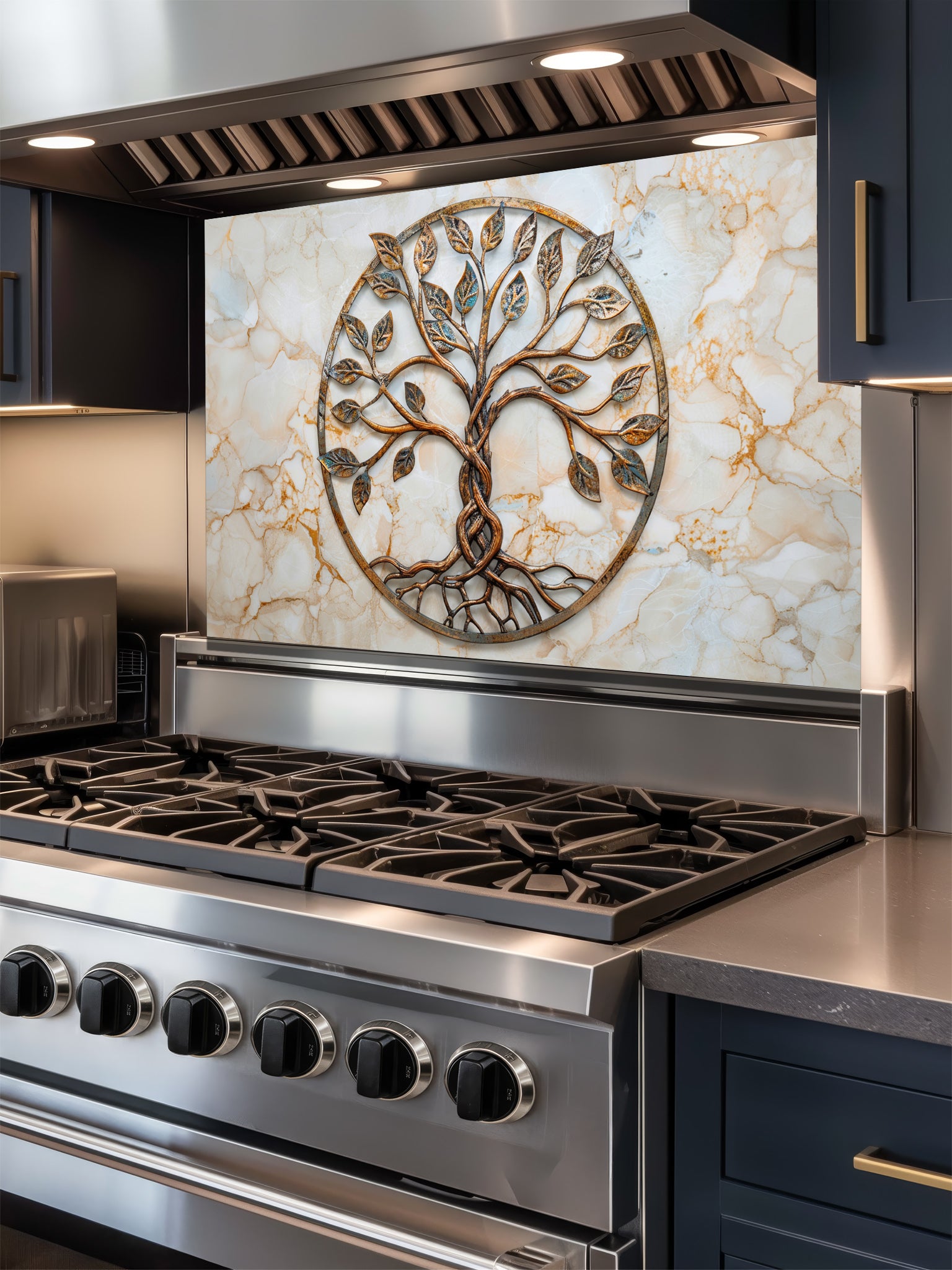 Faux 3D effect weathered rustic bronze and copper Tree of Life sculpture with patina accents on a warm cream marble background, UV printed on a smooth tempered glass kitchen backsplash, installed behind a modern stove.