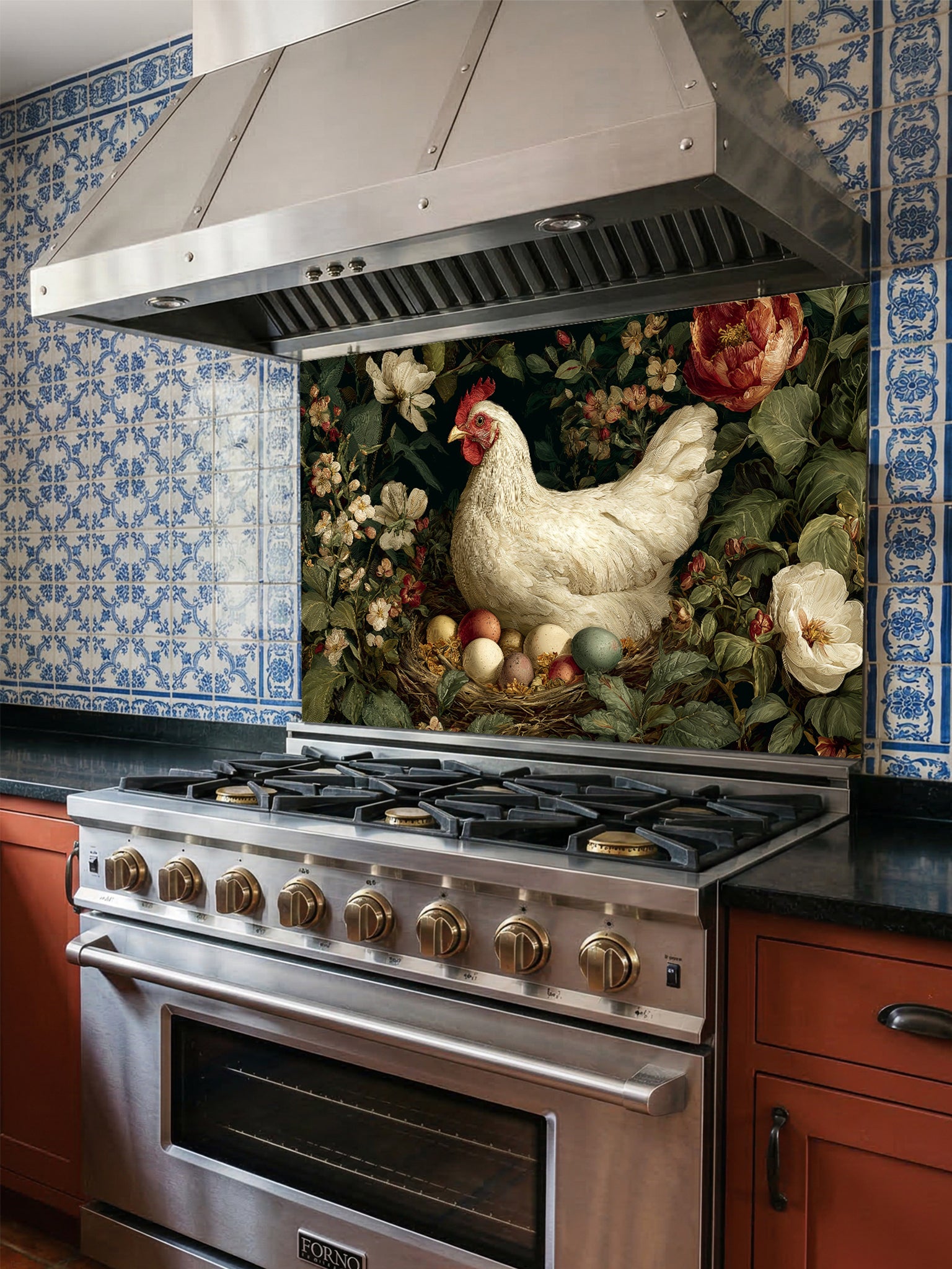 Tempered glass kitchen backsplash featuring a vintage dark moody floral design with a white hen sitting on a nest of colorful eggs, installed behind a modern stainless steel stove.