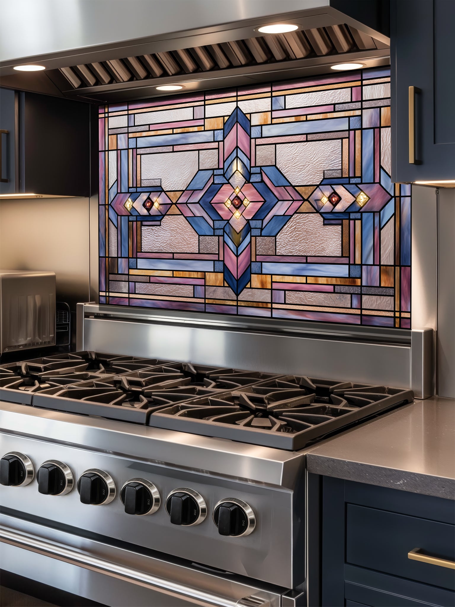 Tempered glass kitchen backsplash featuring a highly realistic 3D illusion of architectural Prairie-style stained glass, showing a symmetrical geometric pattern with diamonds and intersecting lines in dusty rose, lavender, soft blue, and amber, installed behind a modern black stove.