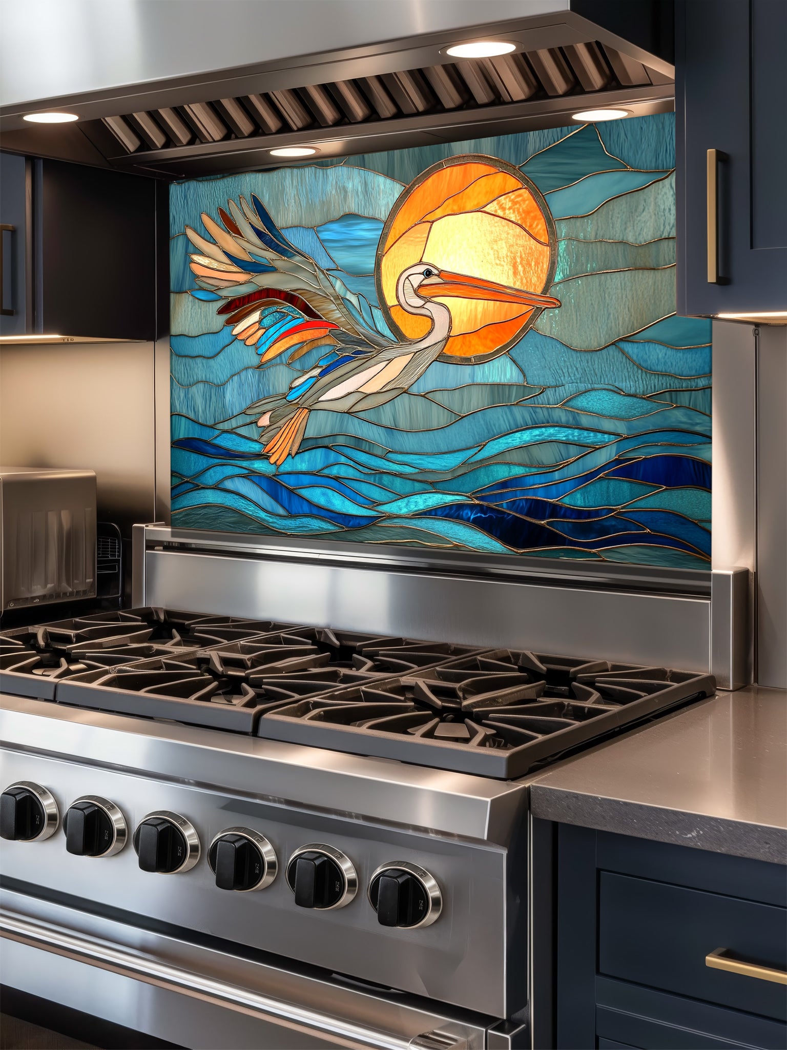 Stained glass style pelican flying over blue ocean waves and a bright sun, UV printed on tempered glass kitchen backsplash, installed behind a modern stove.