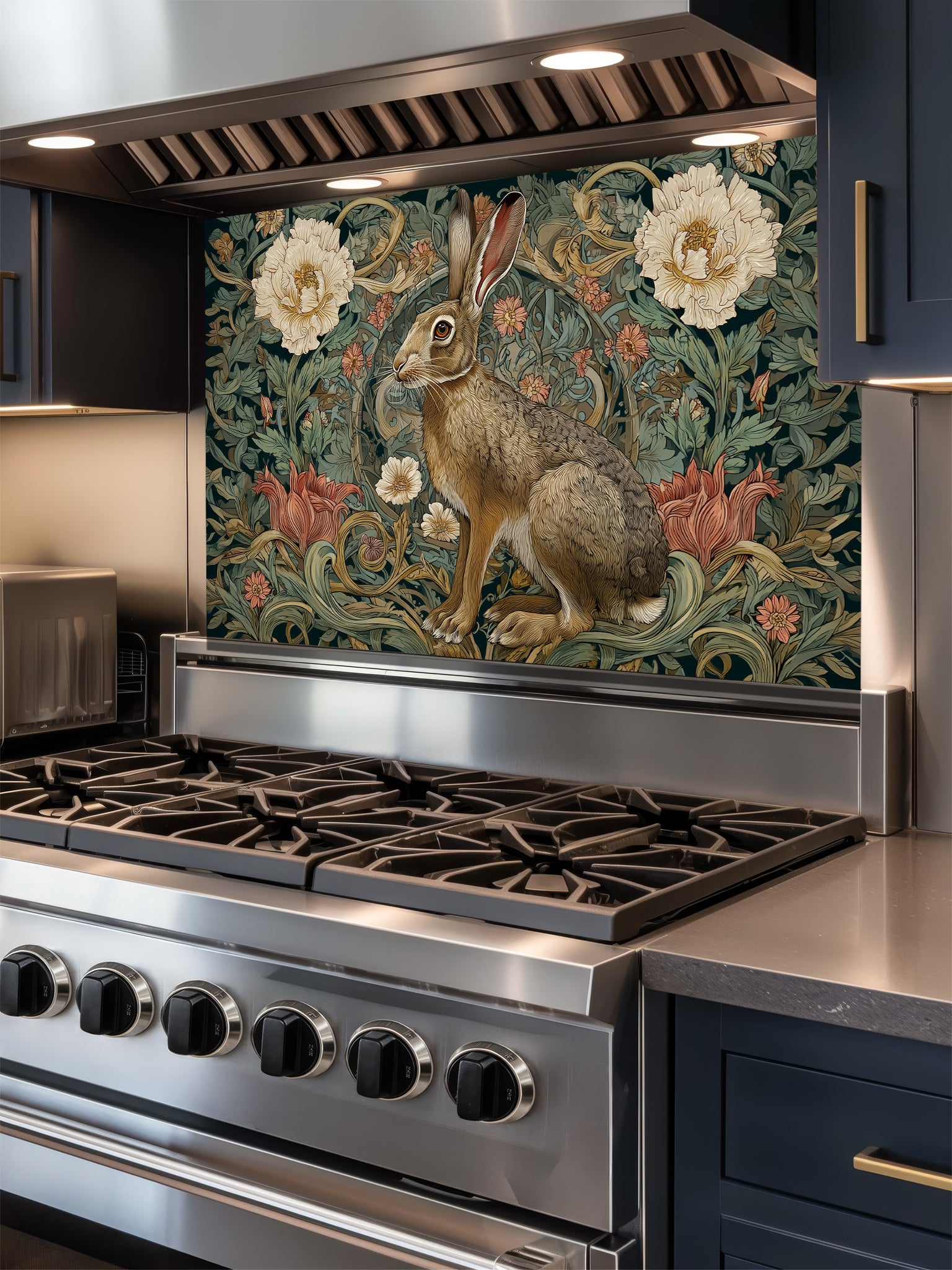 Stainless steel stove with decorative rabbit and floral pattern on the backsplash