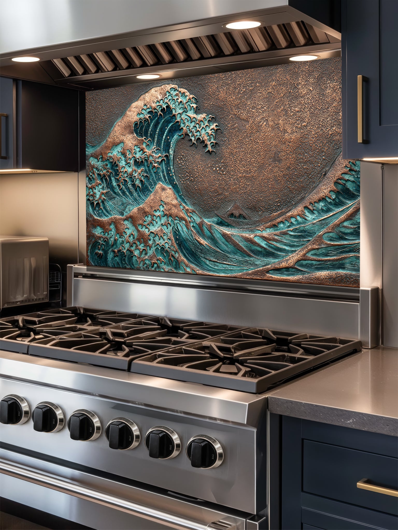 Faux 3D sculpted oxidized copper and bronze relief of the Great Wave off Kanagawa, featuring rich teal patina, UV printed on a smooth tempered glass kitchen backsplash.
