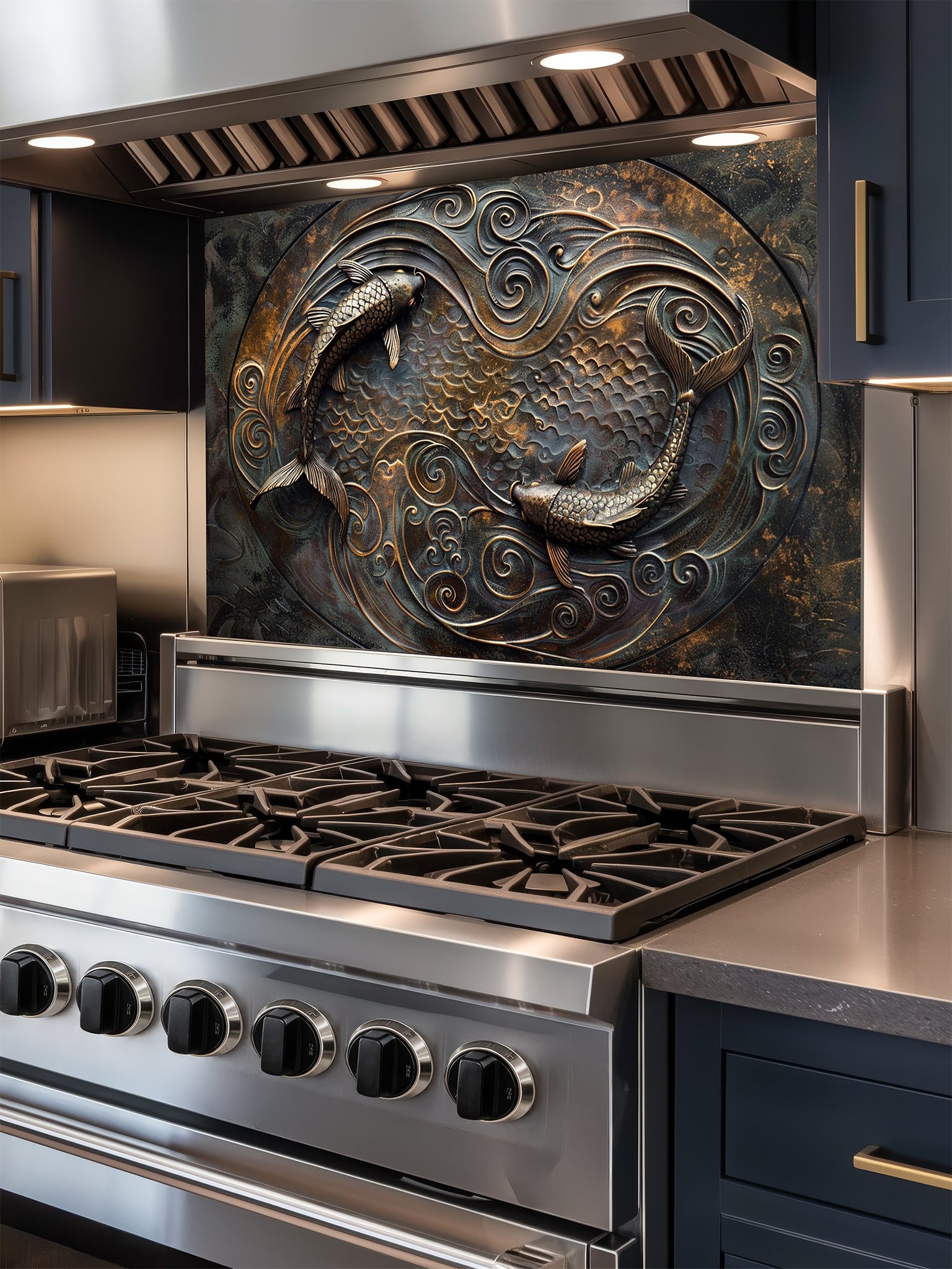Tempered glass kitchen backsplash featuring a highly realistic 3D faux metal design of two Koi fish swimming in a circular Yin-Yang pattern among swirling waves in antique bronze and dark oxidized tones, installed behind a modern stainless steel stove.