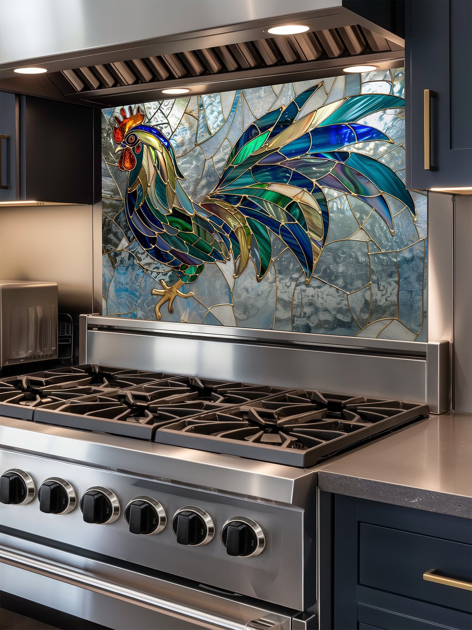 Tempered glass kitchen backsplash featuring a faux stained glass design of a rooster with teal, emerald, and navy feathers and prominent gold outlines, set against an abstract icy blue mosaic background, installed behind a modern stainless steel stove.