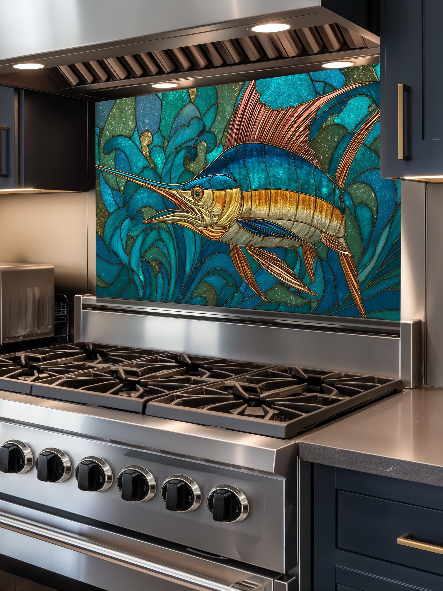 Stained glass style majestic blue marlin swimming through dynamic turquoise ocean waves, UV printed on a smooth tempered glass kitchen backsplash, installed behind a modern stove.