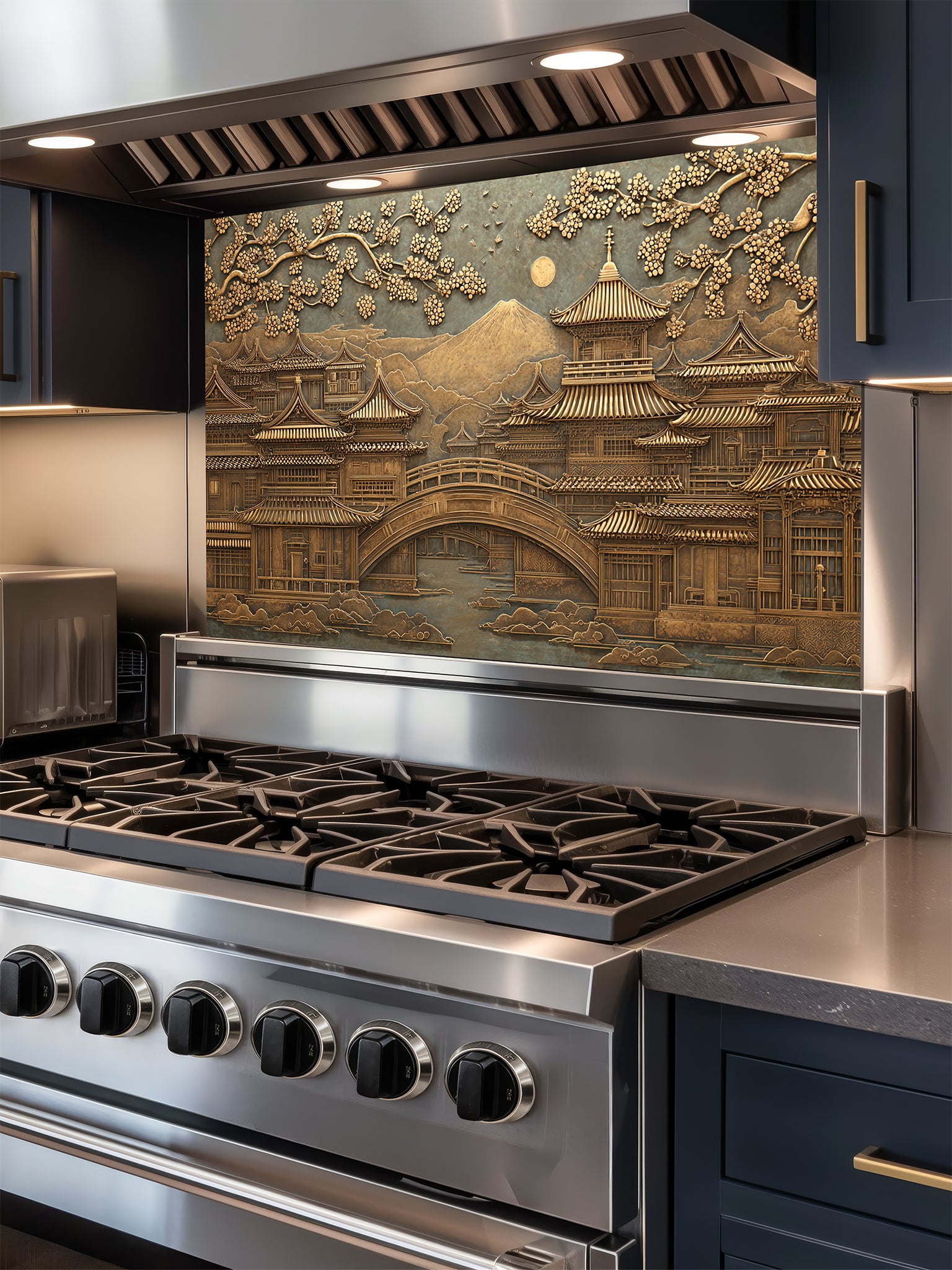 Tempered glass kitchen backsplash featuring a highly realistic 3D faux metal relief of a serene Japanese landscape with a traditional pagoda, bridge, cherry blossom trees, and a distant mountain in antique bronze tones, installed behind a modern stainless steel stove.