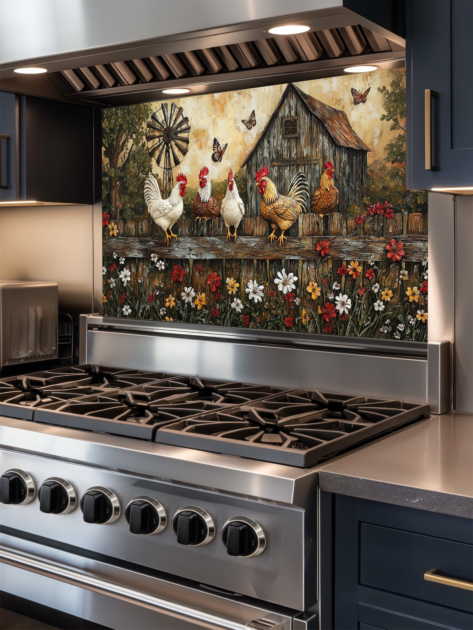 Tempered glass kitchen backsplash featuring a rustic painting of roosters and chickens perched on a wooden fence above colorful wildflowers, with a vintage barn and windmill in the background, installed behind a modern stainless steel stove.